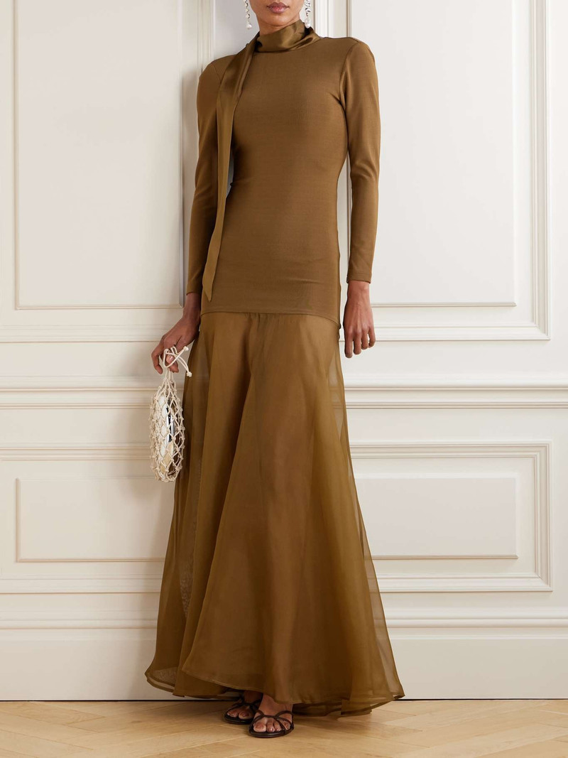 ESSE Studios Aire scarf-effect satin-trimmed stretch-knit and silk-organza maxi dress Brown outlook