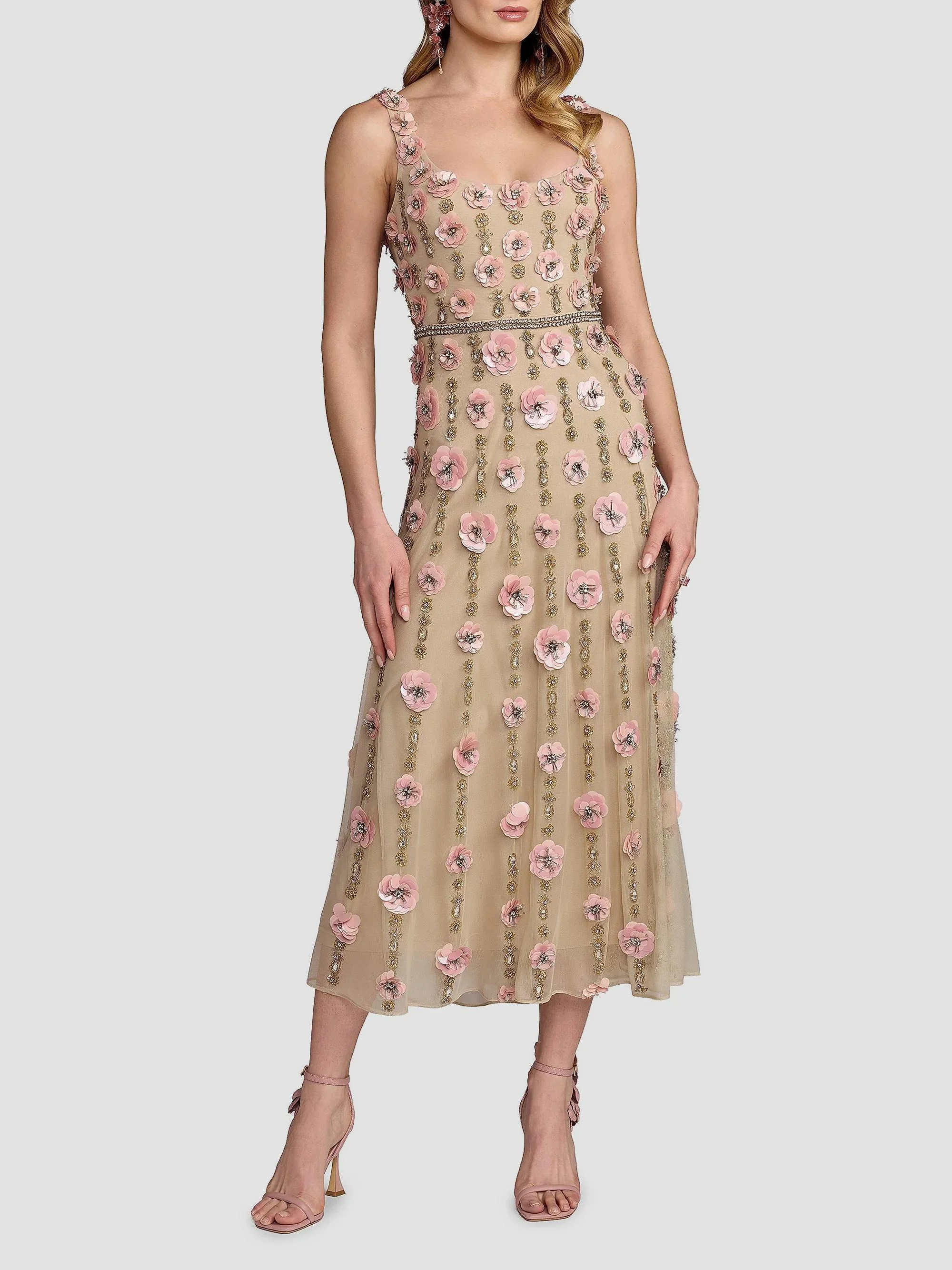 Women's 3D Floral-Embellished Midi-Dress - Beige Rose - 1