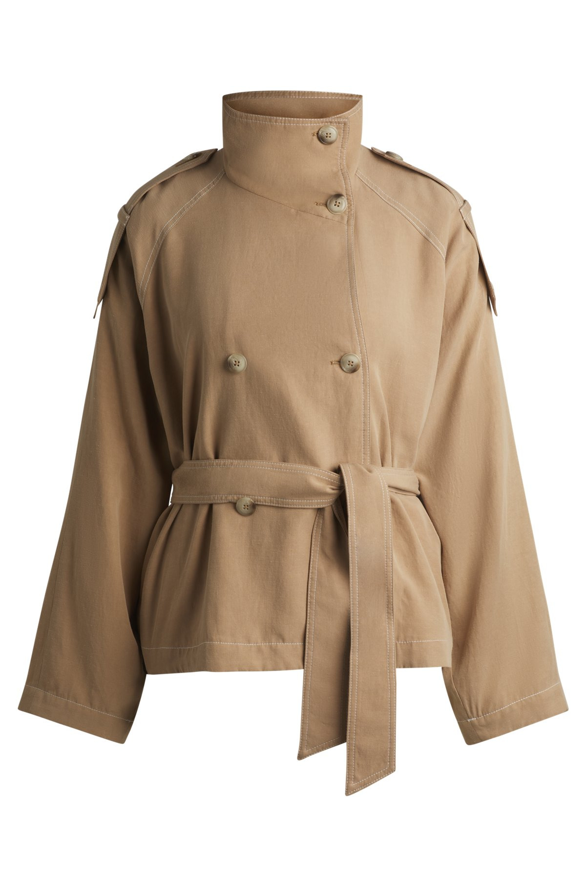 BELTED JACKET WITH STAND COLLAR AND CONTRAST STITCHING - 1