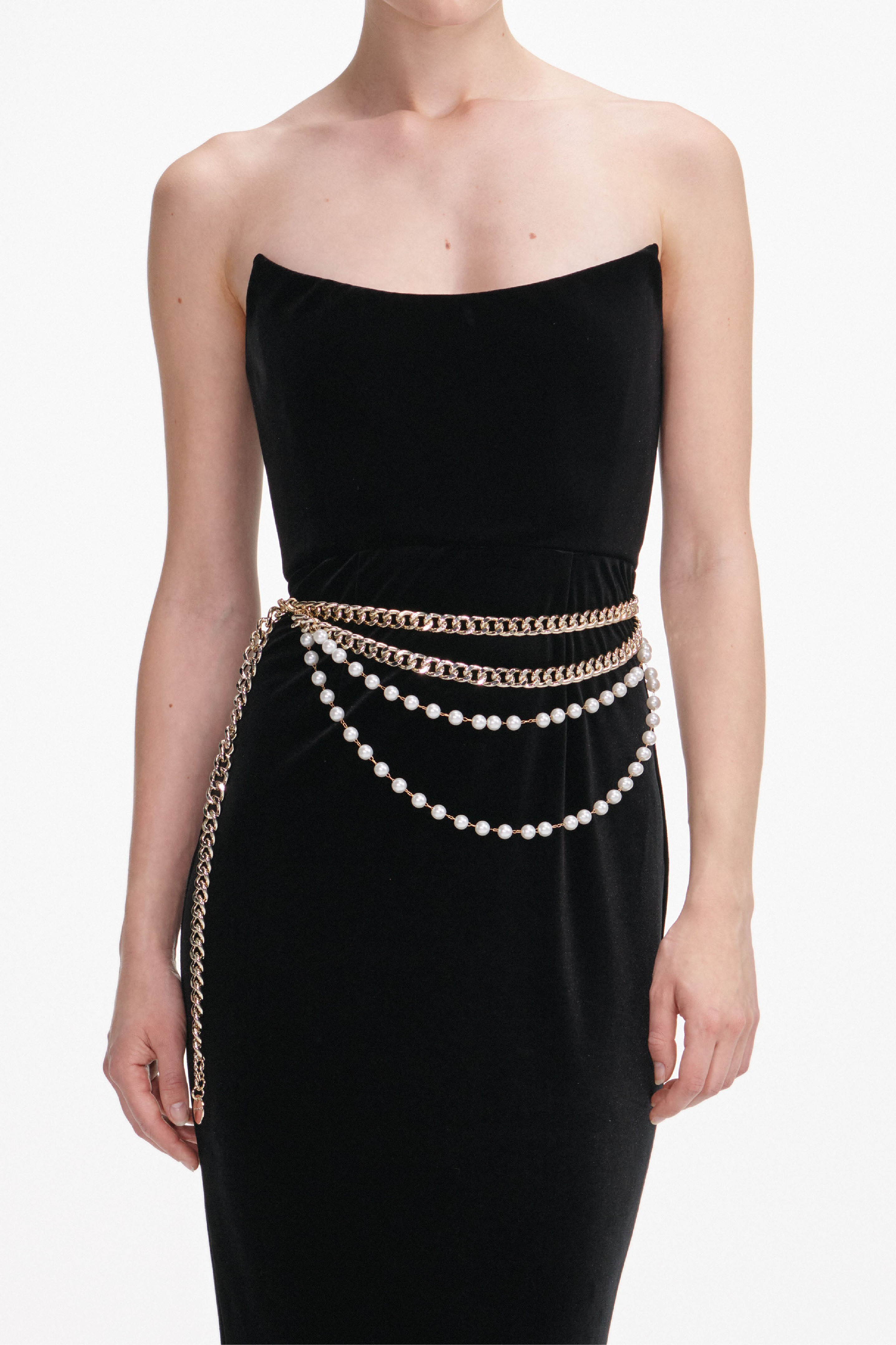 BLACK VELVET CHAIN BELT MAXI DRESS - 4
