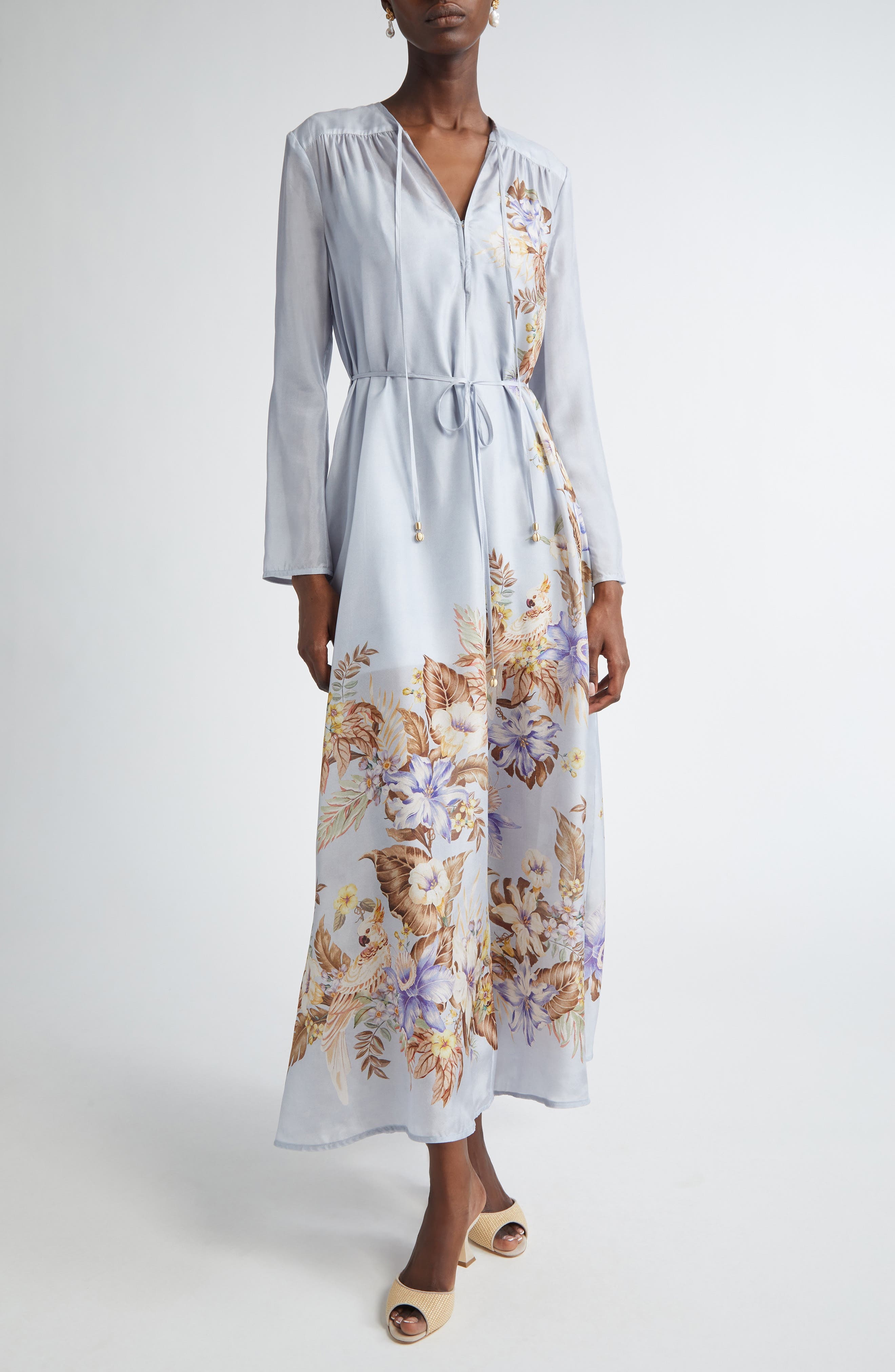 Zimmermann Coco Placed Print Long Sleeve Silk Dress in Powder Blue Multi Floral at Nordstrom - 1