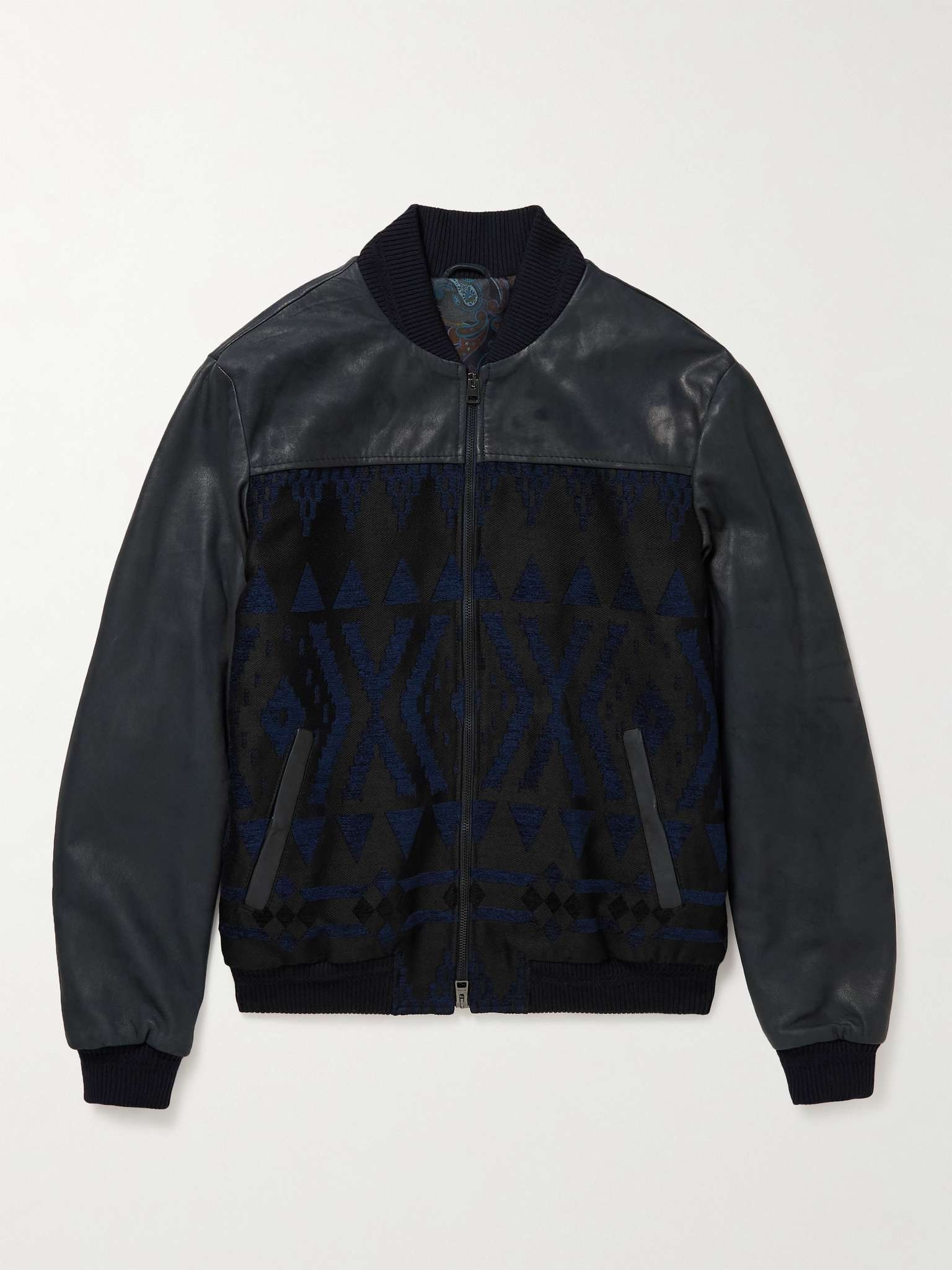 Panelled Leather and Jacquard Bomber Jacket - 1