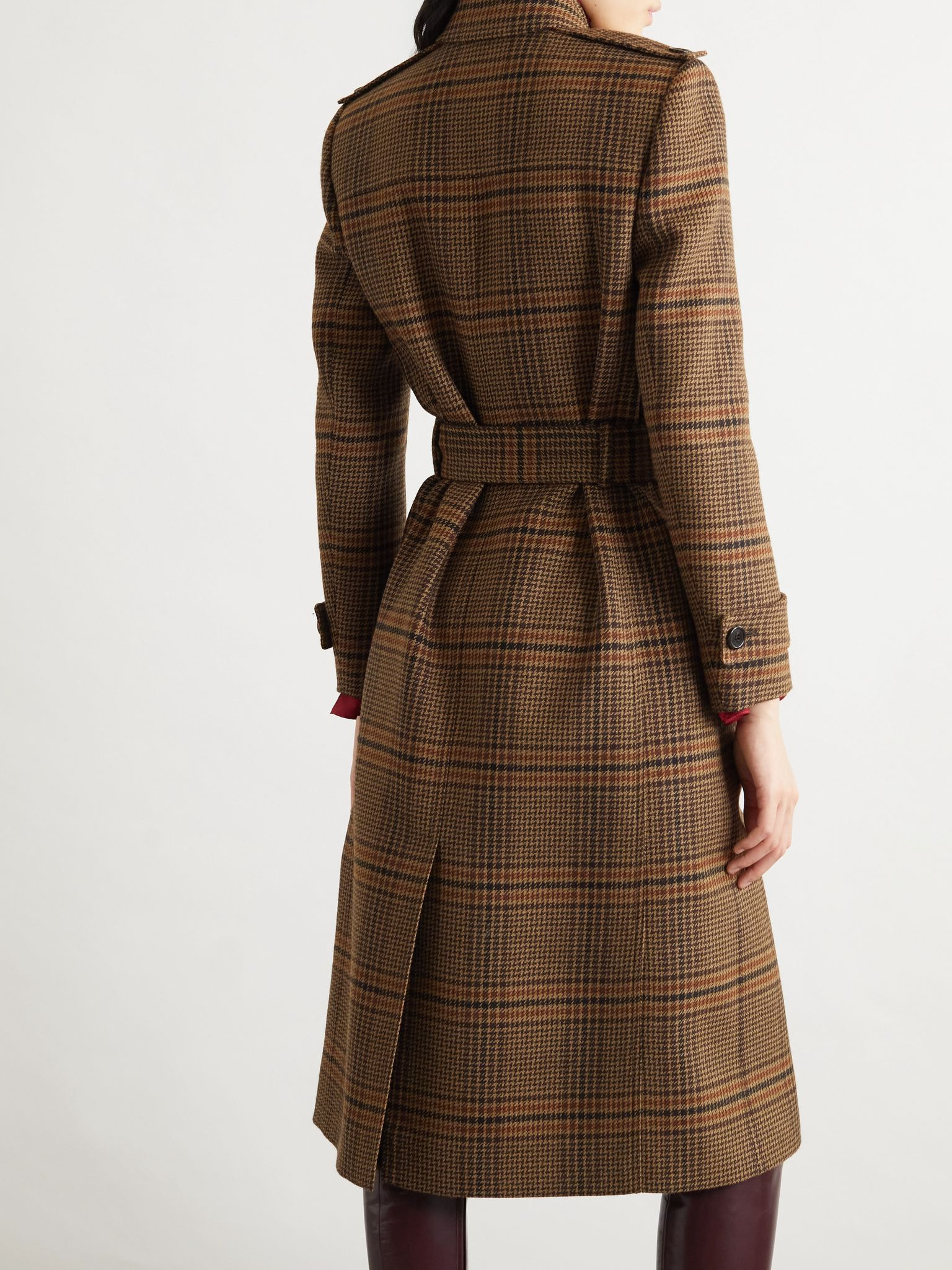Belted checked wool trench coat Brown - 3