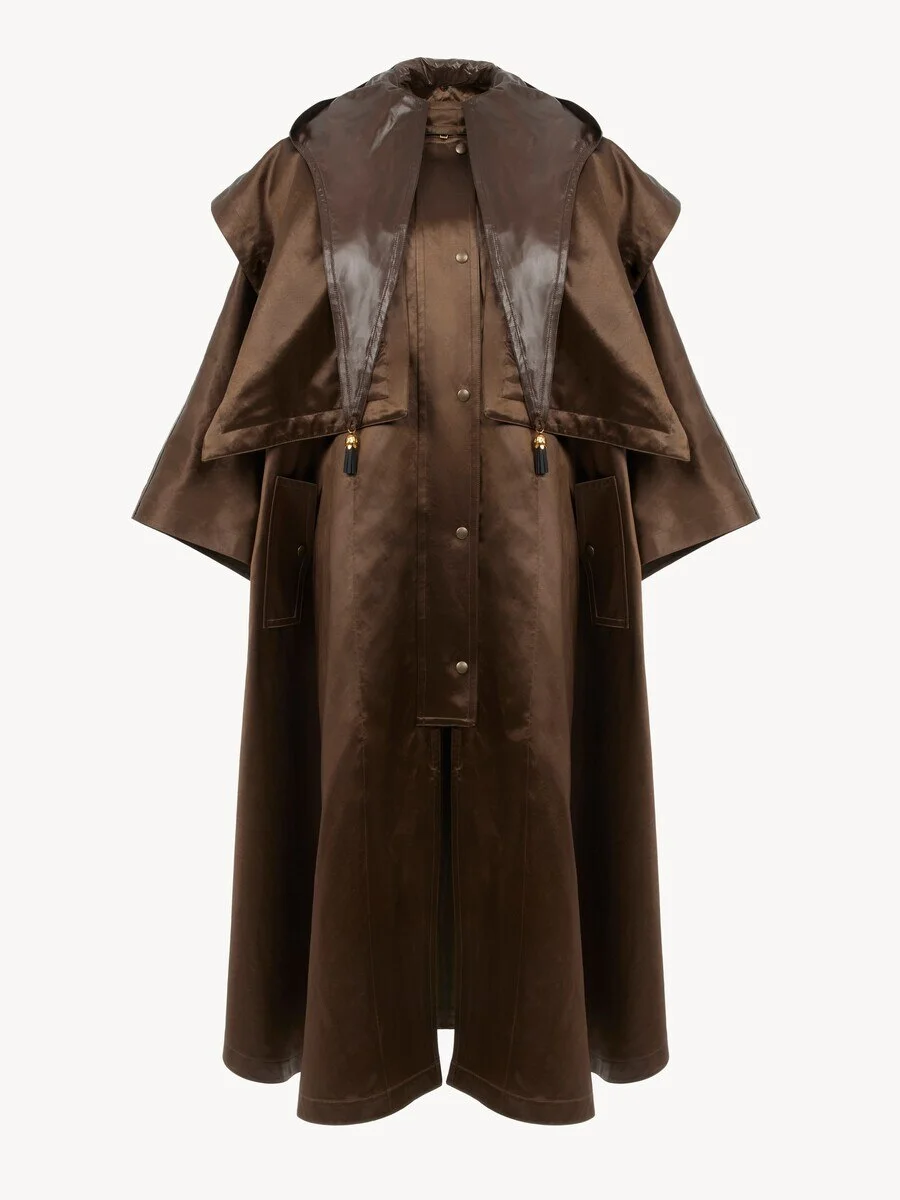 HOODED LONG CAPE COAT IN SATIN - 1