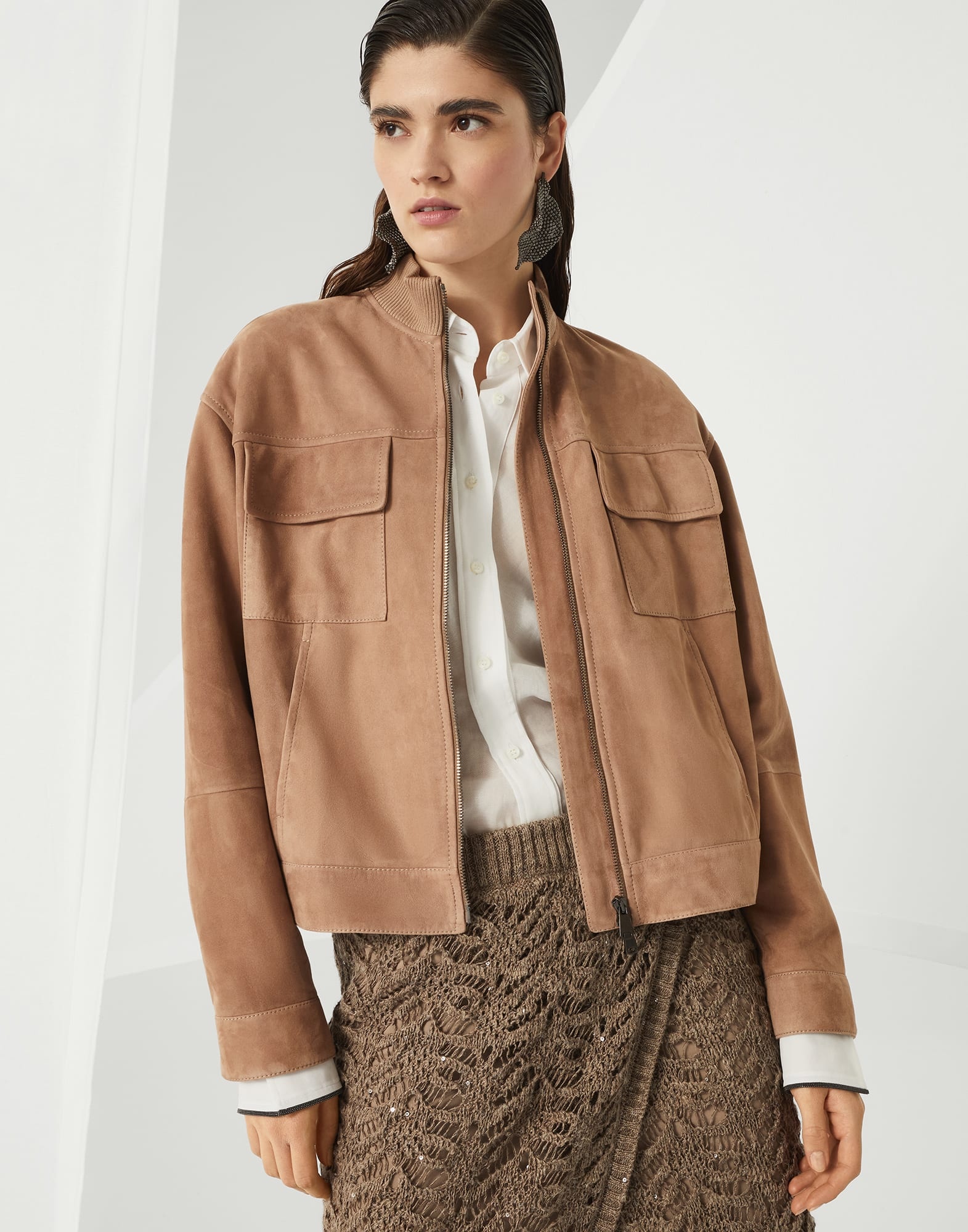 Couture suede outerwear jacket with monili - 4