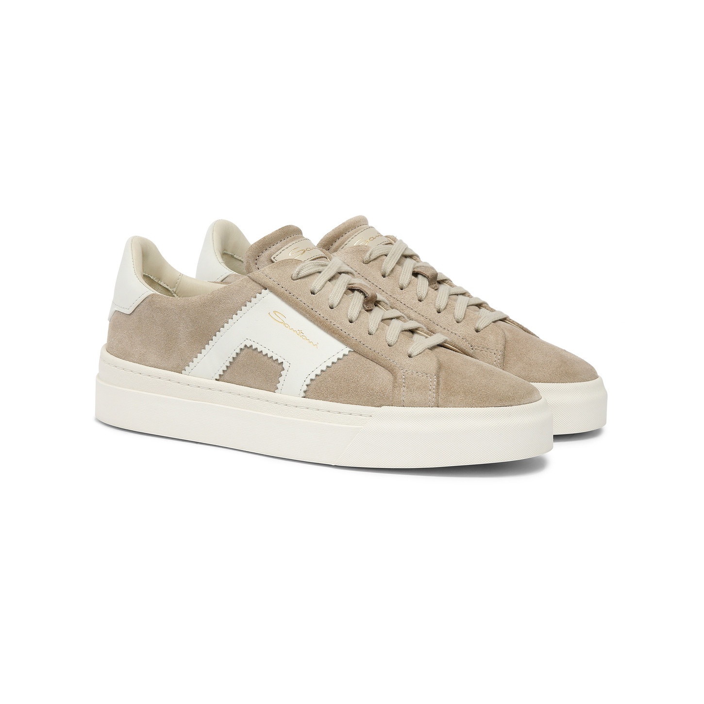 Women’s beige and white suede and leather double buckle sneaker - 3