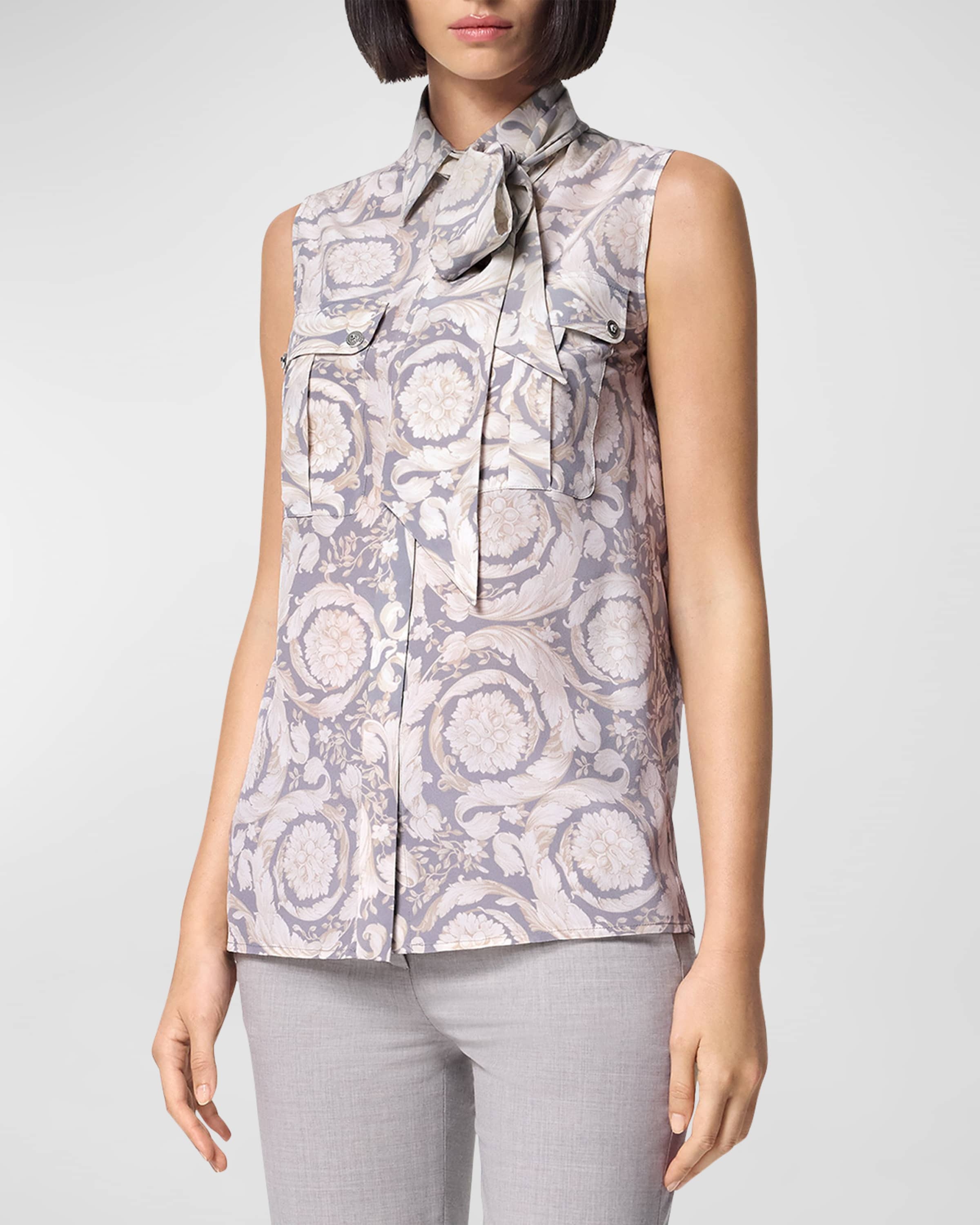 Baroque-Print Neck-Tie Sleeveless Crepe De Chine Informal Shirt - 2