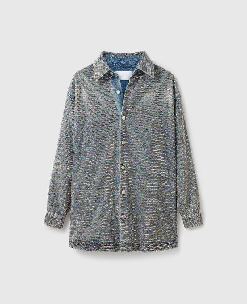 Oversized Rhinestone-Embellished Denim Shirt - 1