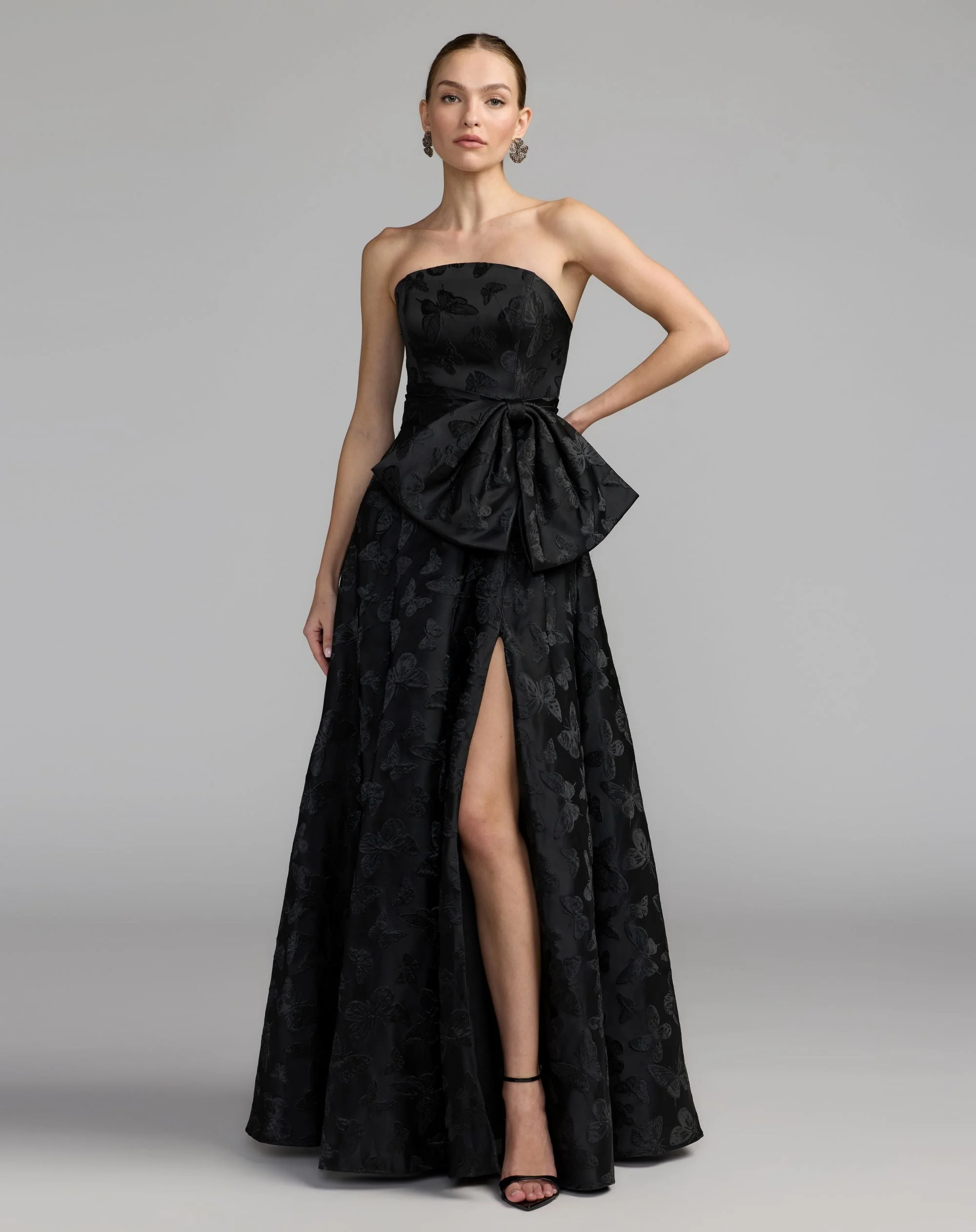 Black Strapless Brocade A-Line Gown With Bow - 1