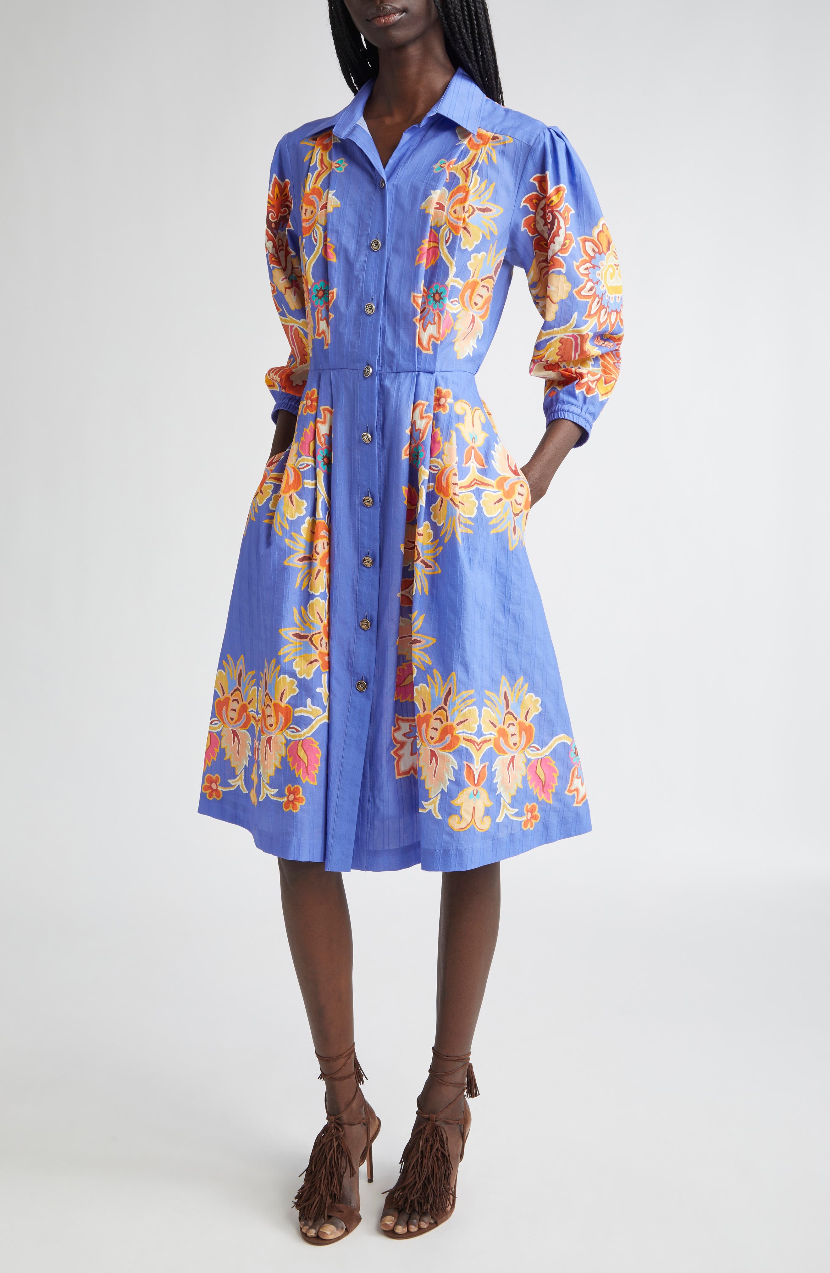 Etro Floral Print Cotton Poplin Shirtdress in Printed Azure Base at Nordstrom - 1
