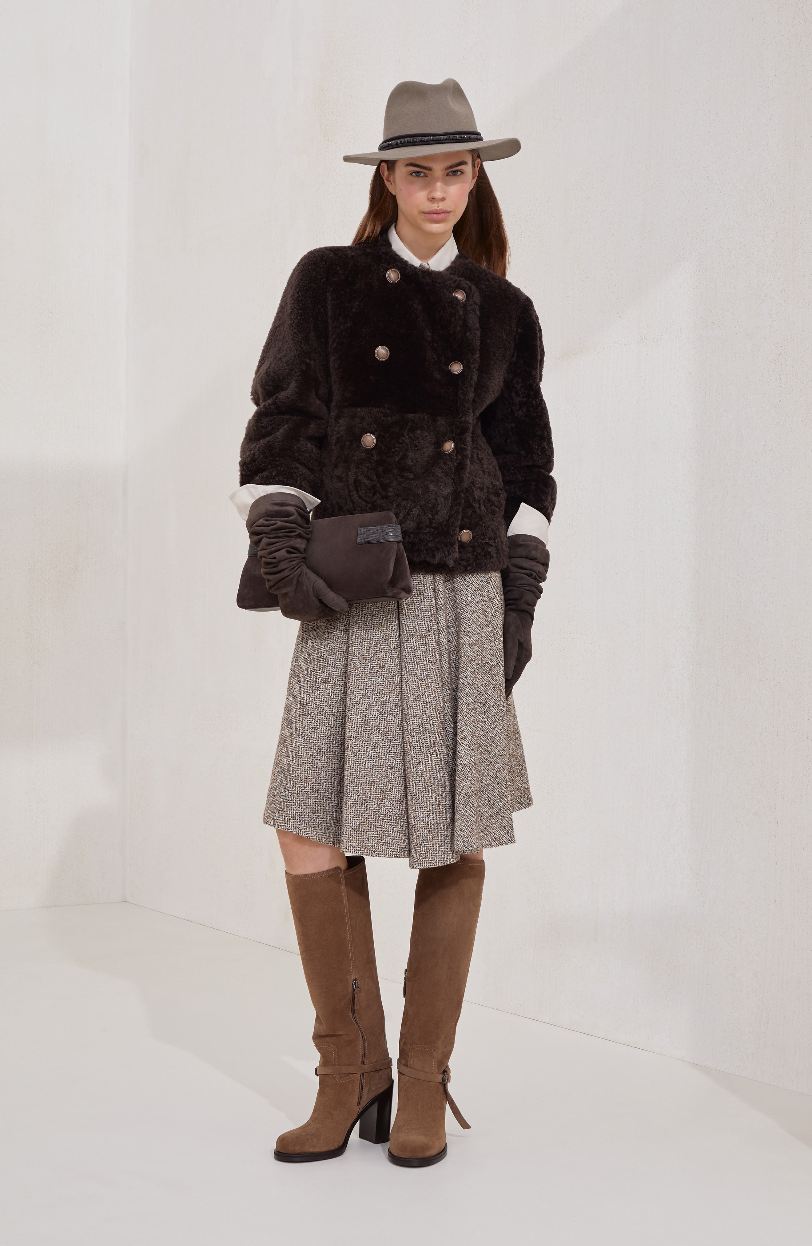 Brunello Cucinelli Fuzzy shearling cropped pea coat in Rust Brown at Nordstrom - 6