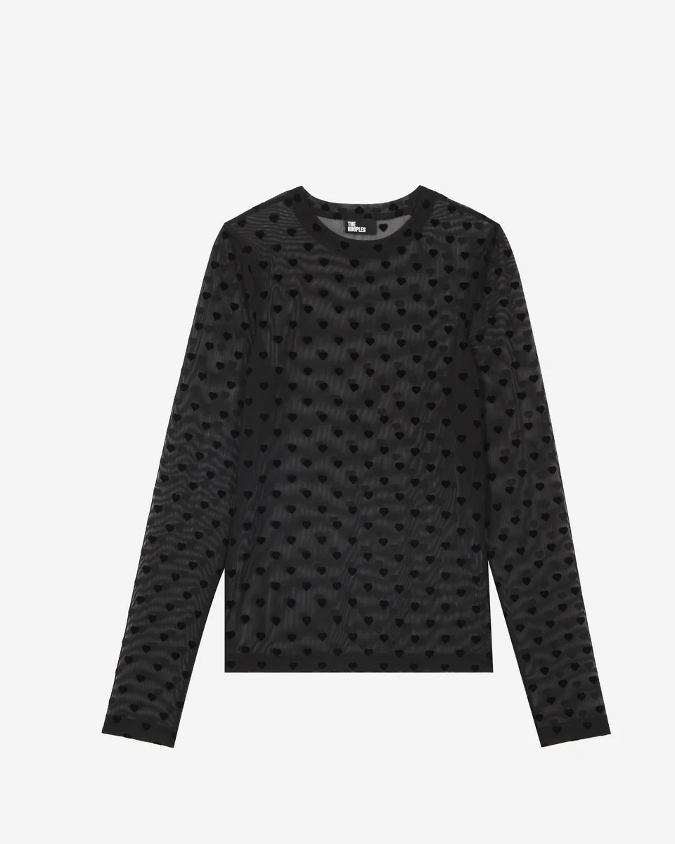 BLACK HEARTS FLOCKED MESH LONG-SLEEVE T-SHIRT - 1