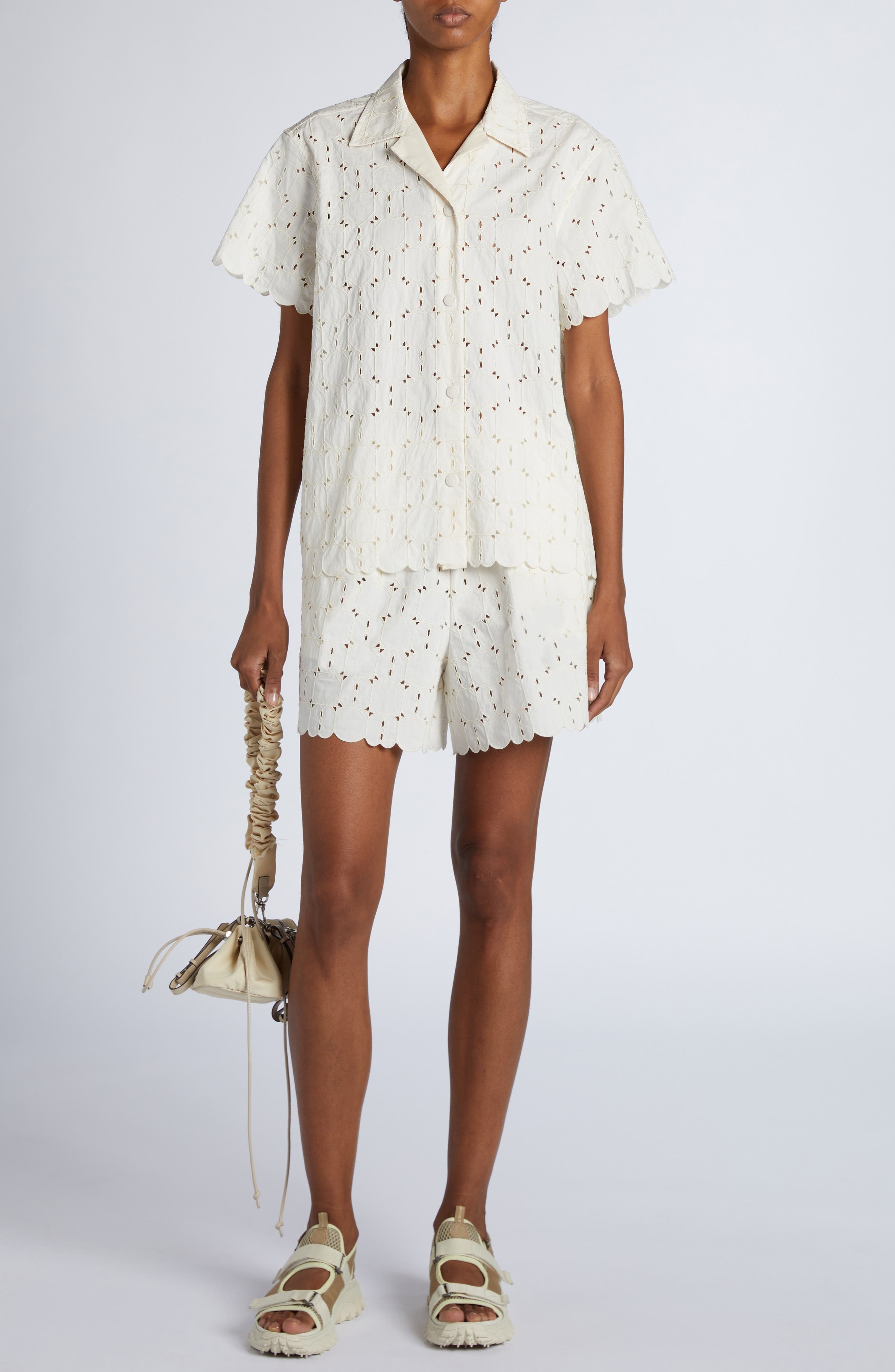 Moncler Cotton Blend Eyelet Button-Up Shirt in White at Nordstrom - 2