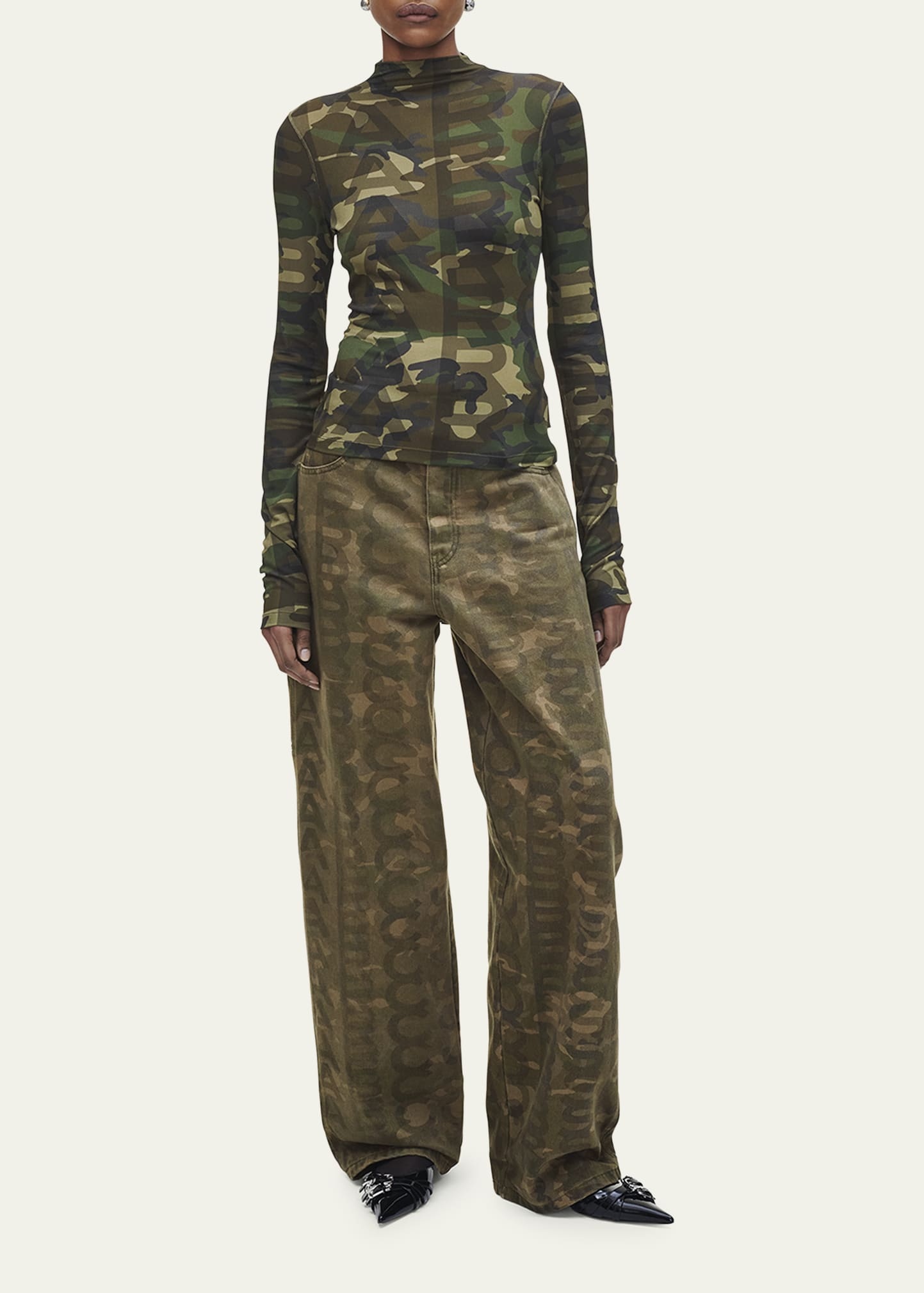 Camo Logo-Print Turtleneck Long-Sleeve Sheer Top - 2