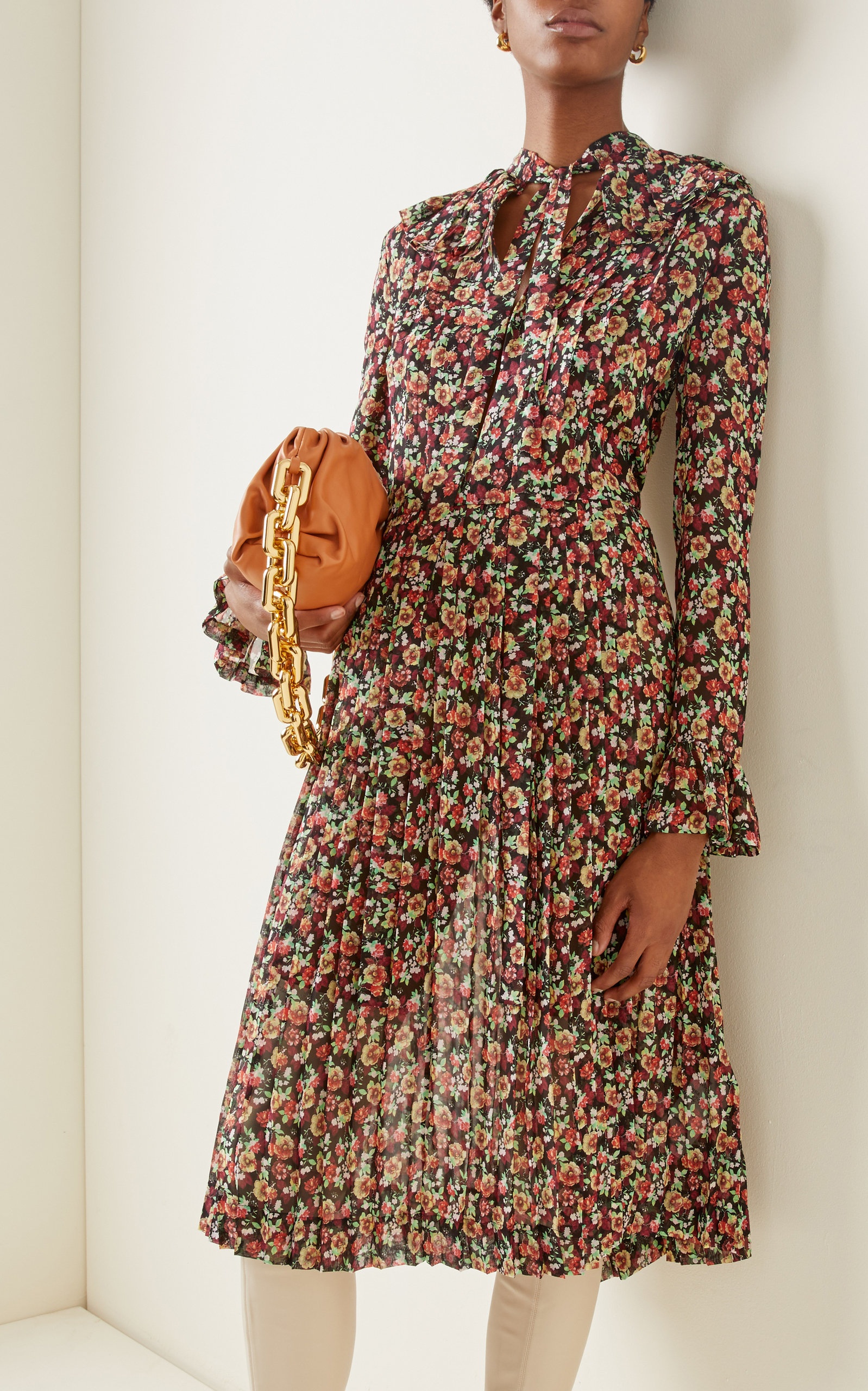 Pleated Floral Silk Midi Dress floral - 3