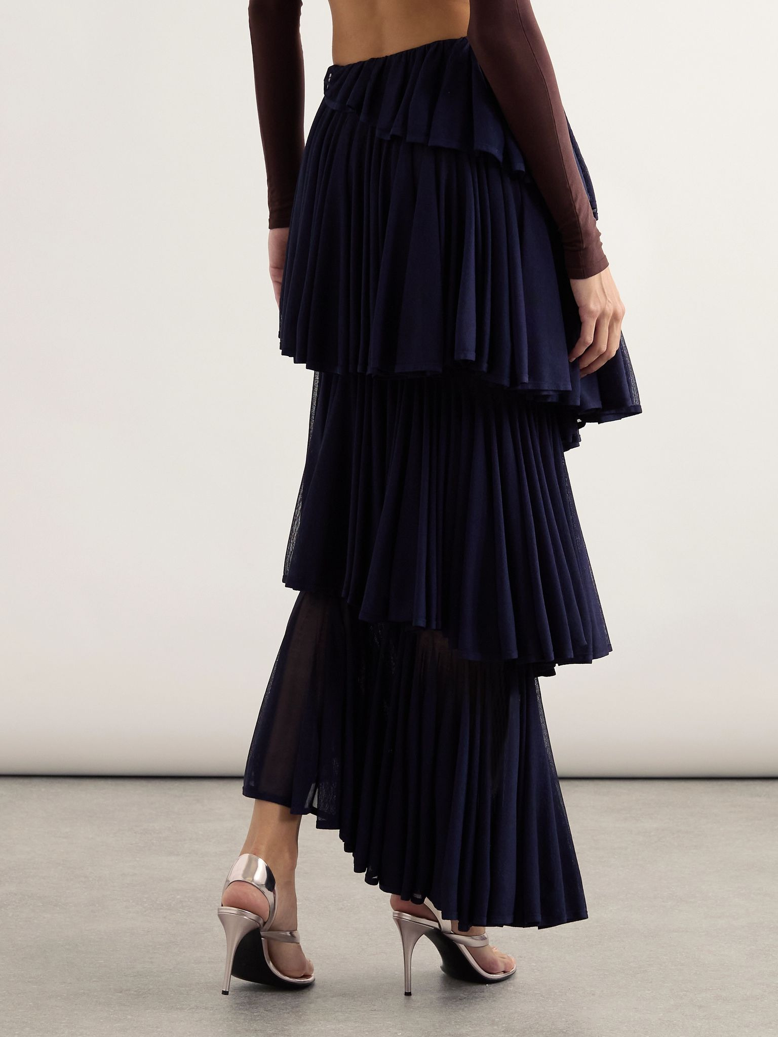 Asymmetric pleated tiered knit midi skirt Navy - 4