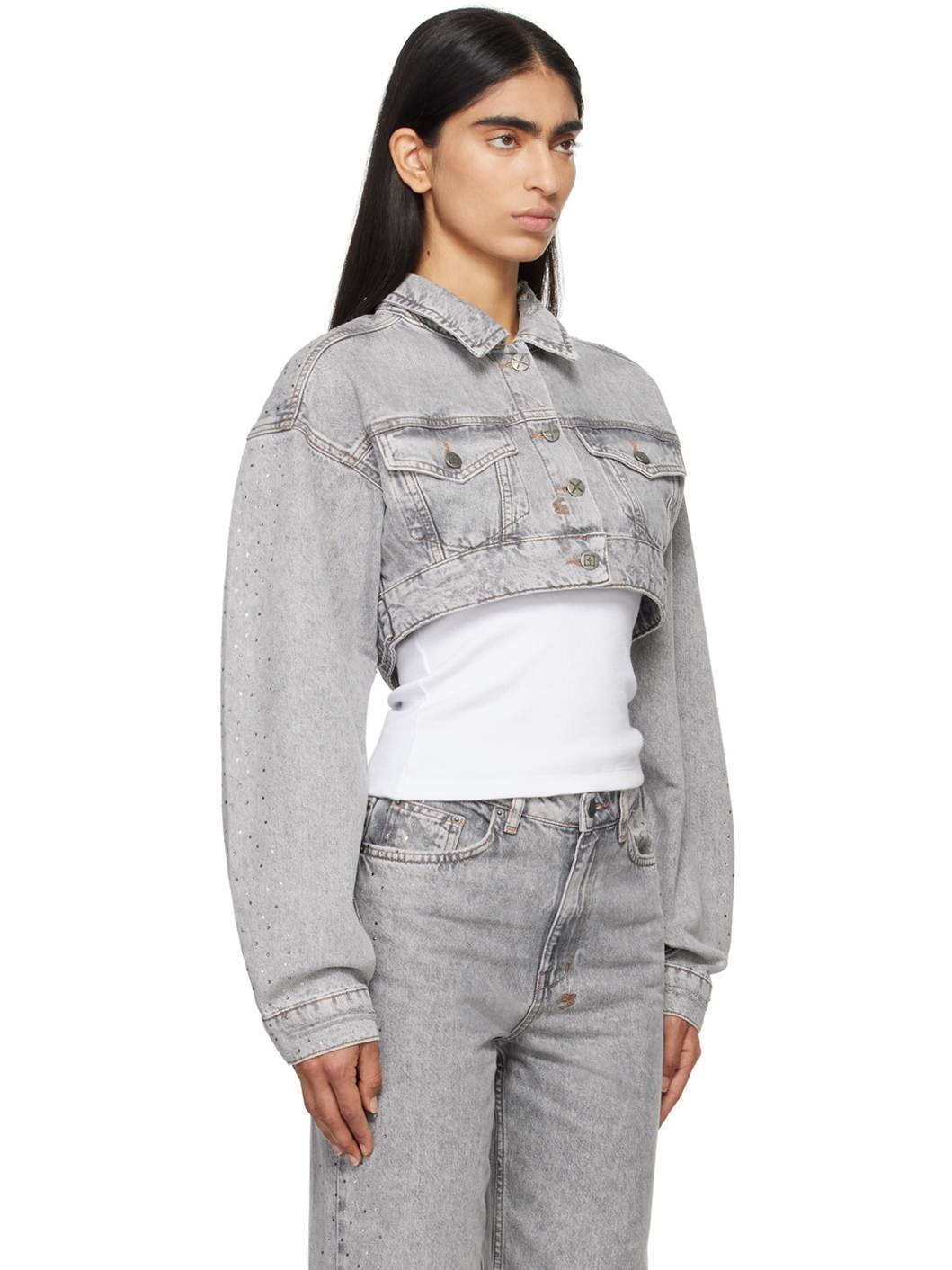 Gray Supercrop Trucker Dime Krystal Denim Jacket - 2