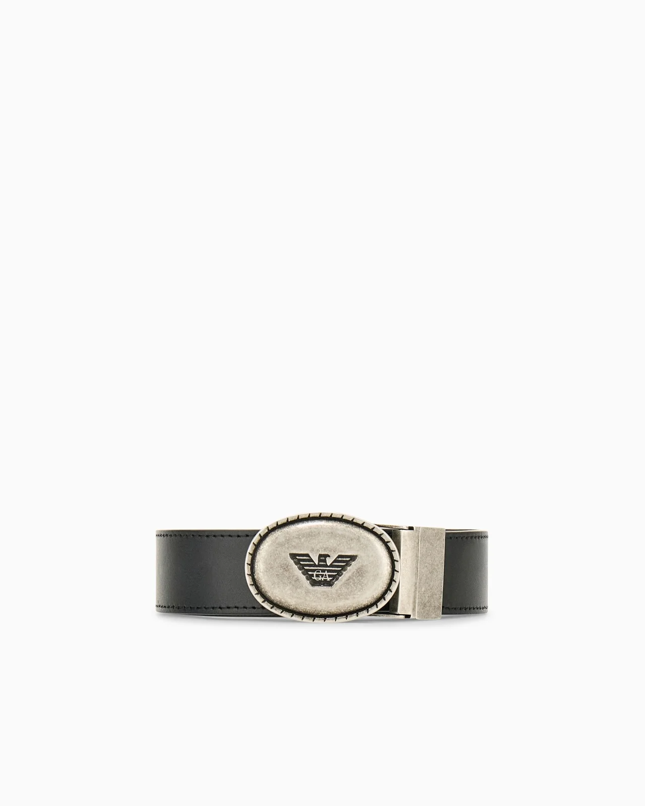 SUEDE AND GRAINED LEATHER BELT WITH OVAL LOGO PLAQUE - 1