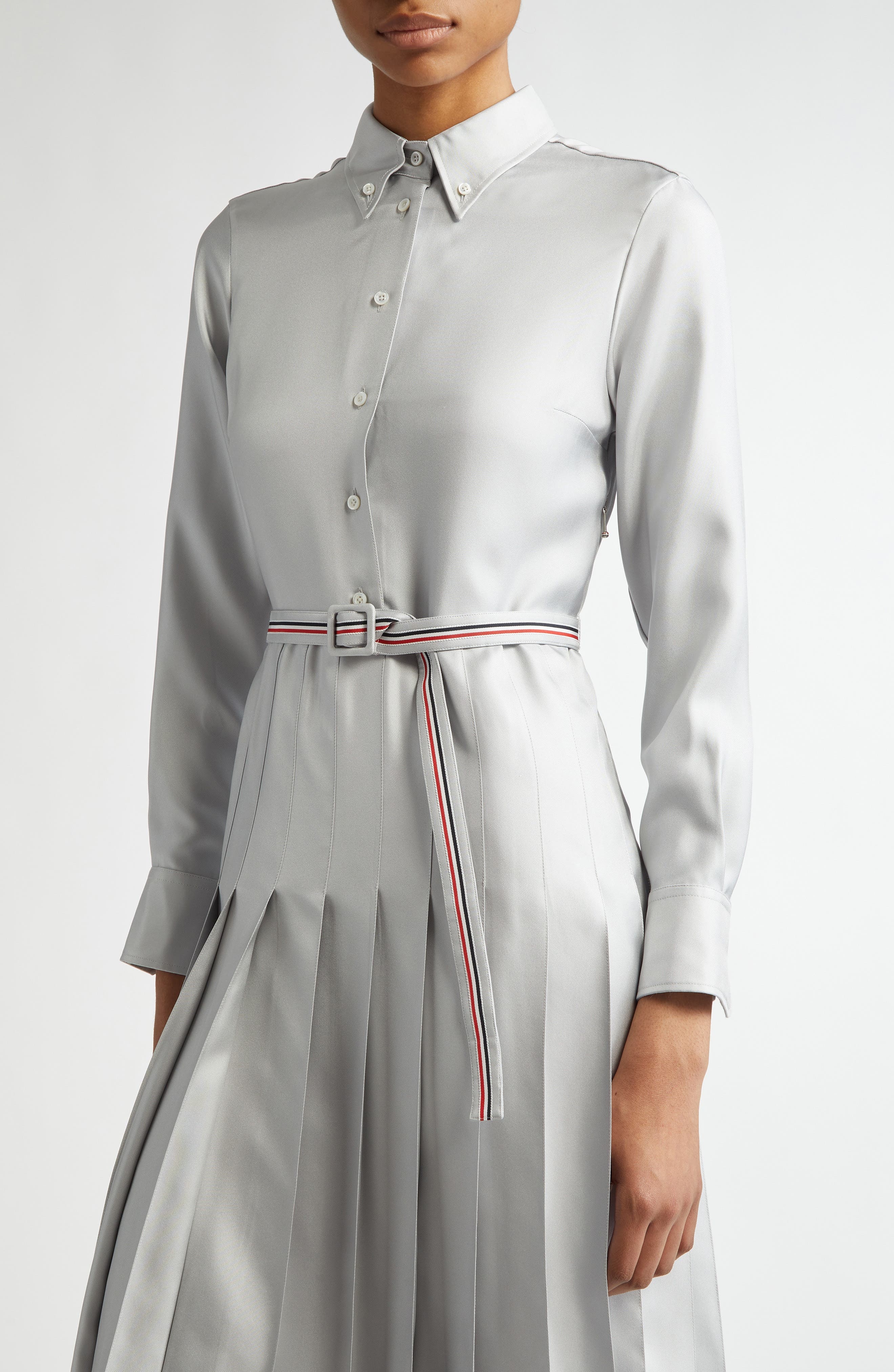 Thom Browne Long Sleeve Pleated Silk Midi Shirtdress in Light Grey at Nordstrom - 4
