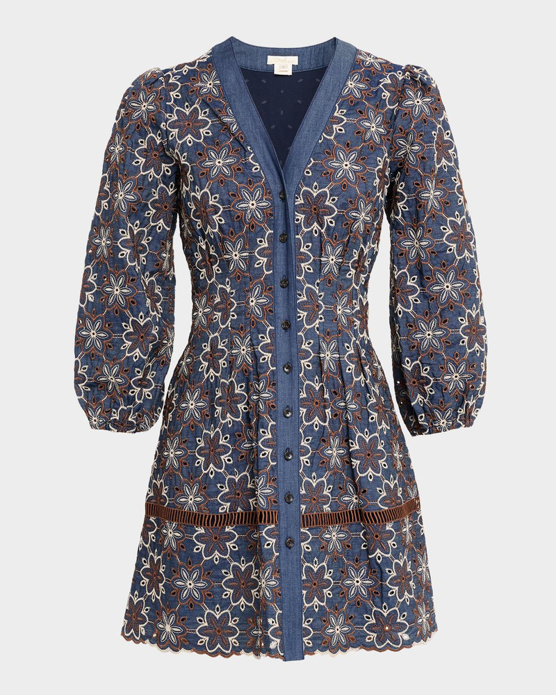 Lina Eyelet-Embroidered Chambray Mini Dress 1