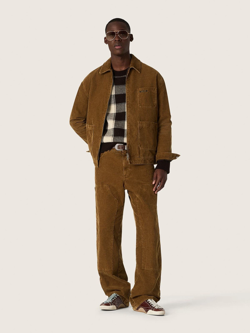 Men's jacquard wool sweater in dark brown and cream check 3