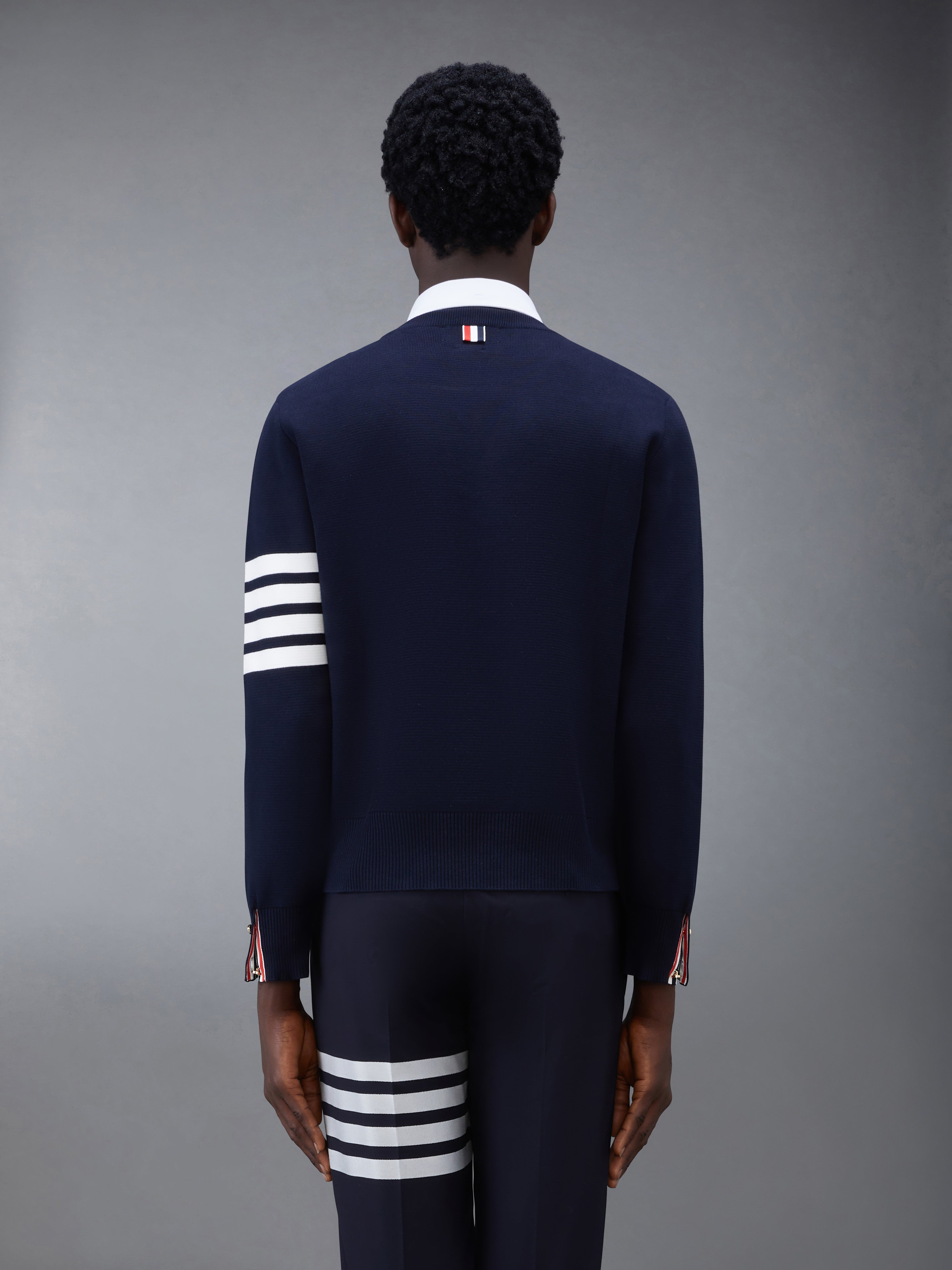 Navy Milano Stitch Cotton 4-Bar Crew Neck Pullover - 2