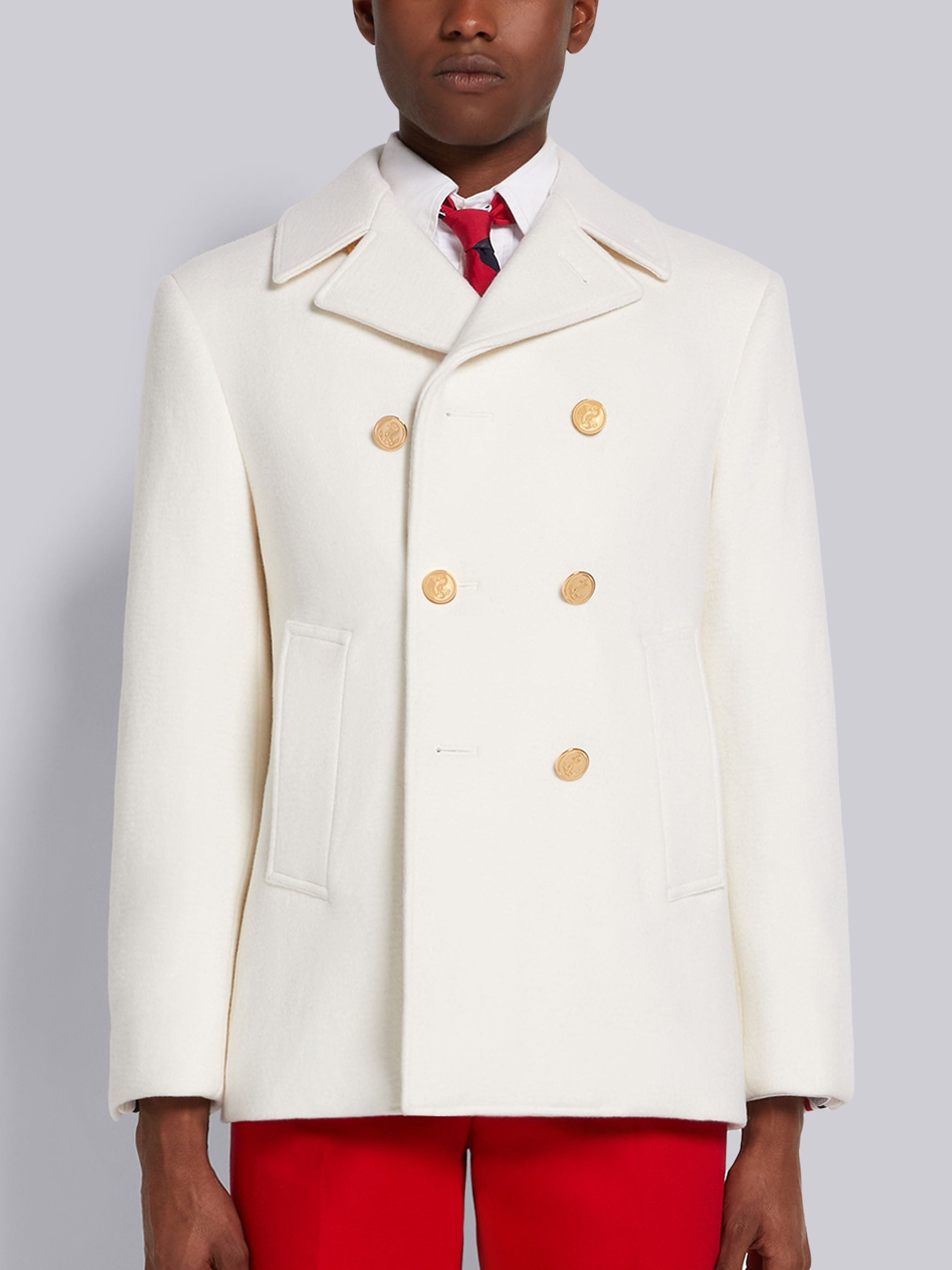 White Boiled Wool Engineered Center Back Stripe Classic Peacoat - 1