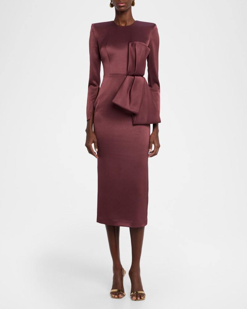 ALEX PERRY Bow Satin Crepe Long-Sleeve Midi Dress outlook