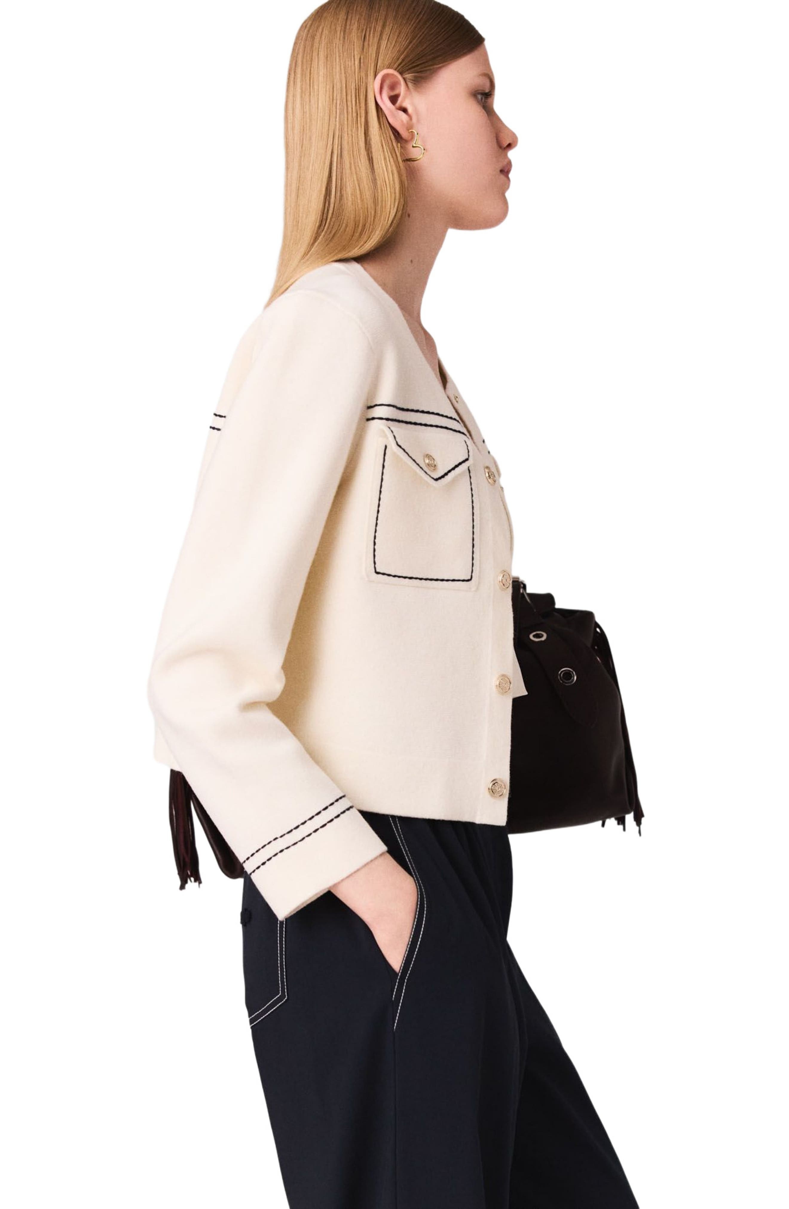 maje Topstitched cropped cardigan in Ecru at Nordstrom - 3