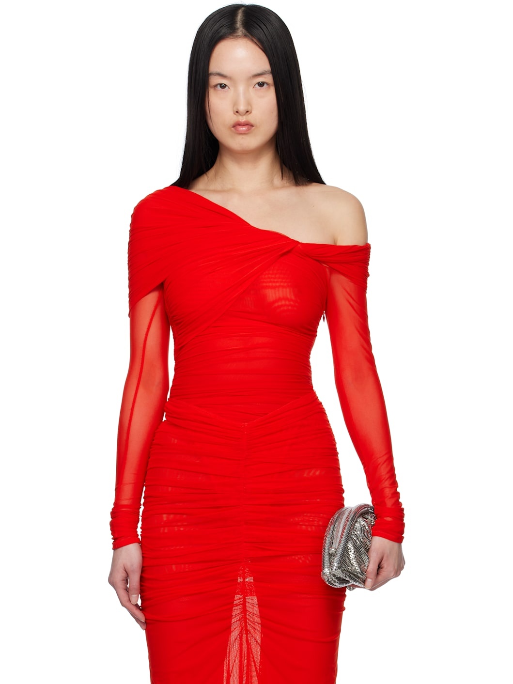 Red Off-Shoulder Ruched Bodysuit - 1