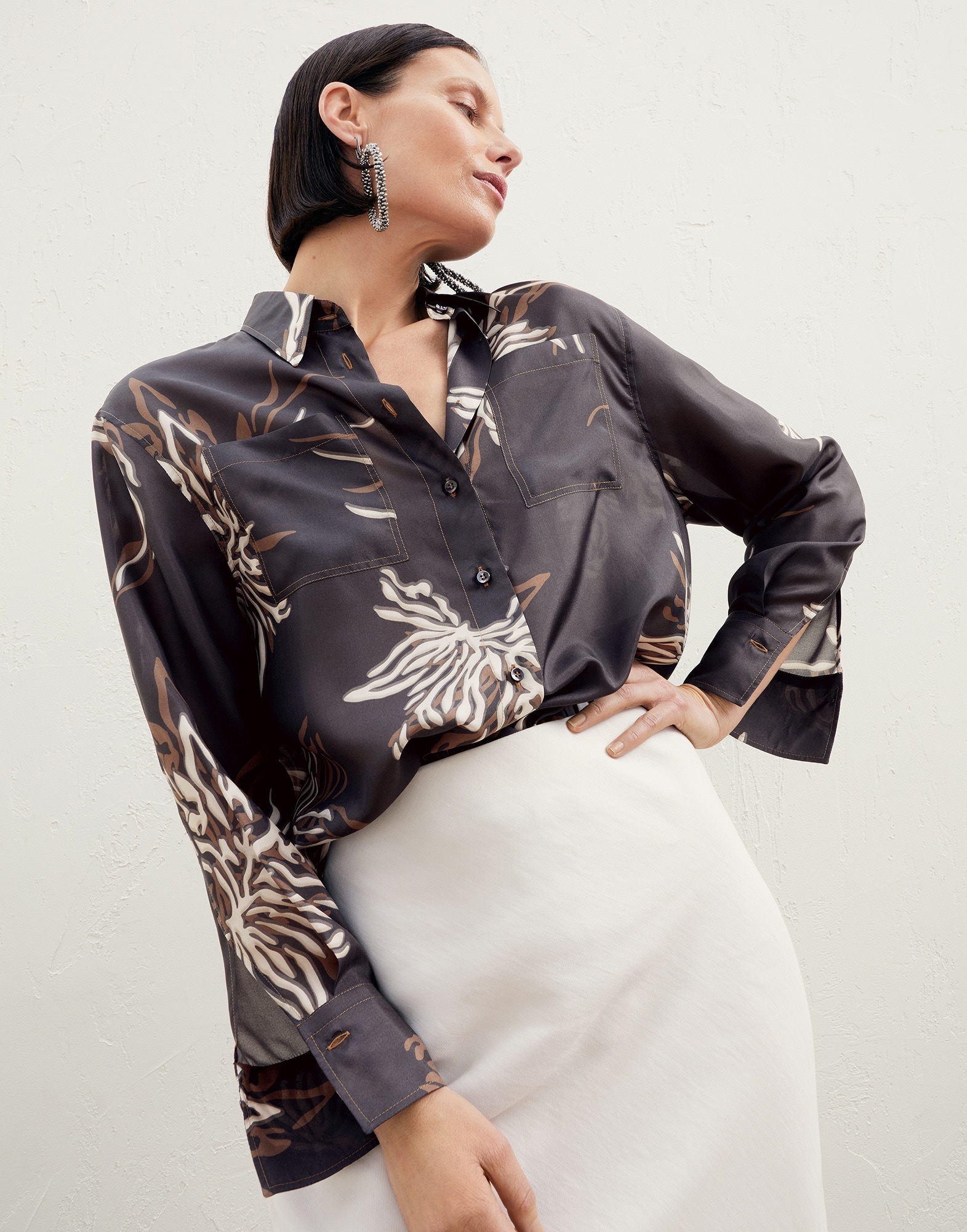 Silk marine flower pongee shirt with monili - 4