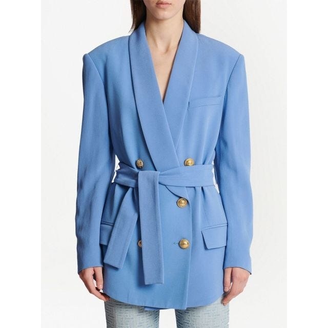 Double-breasted blazer with belt Light blue - 4