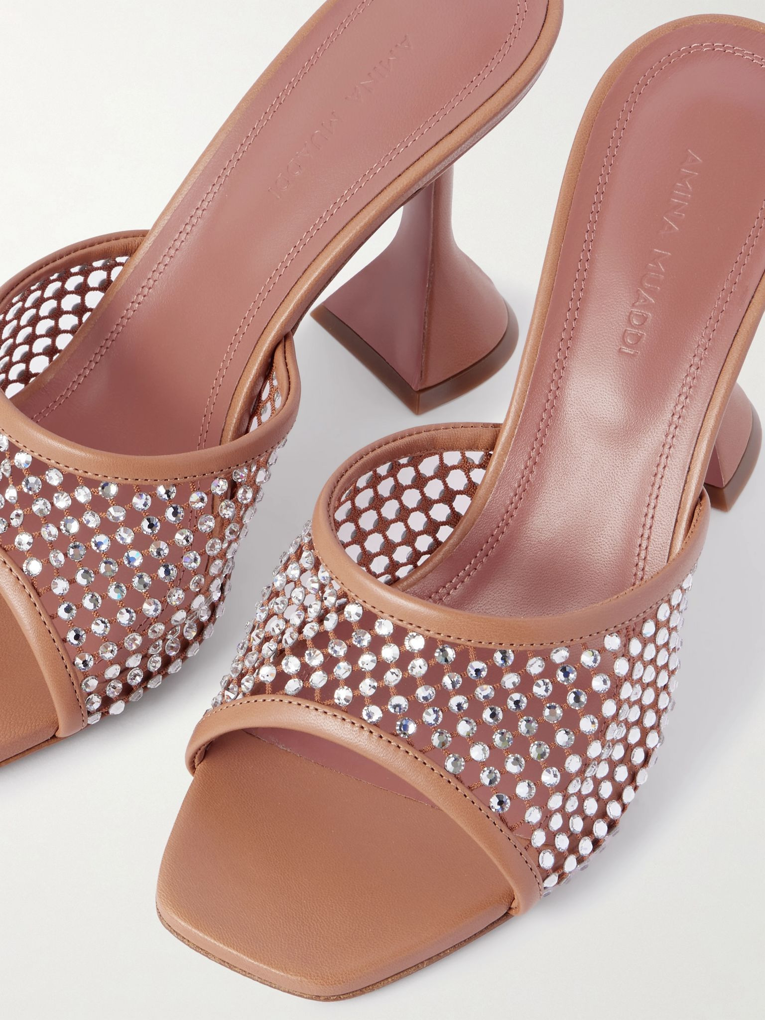 Lupita crystal-embellished fishnet and leather mules Beige - 4
