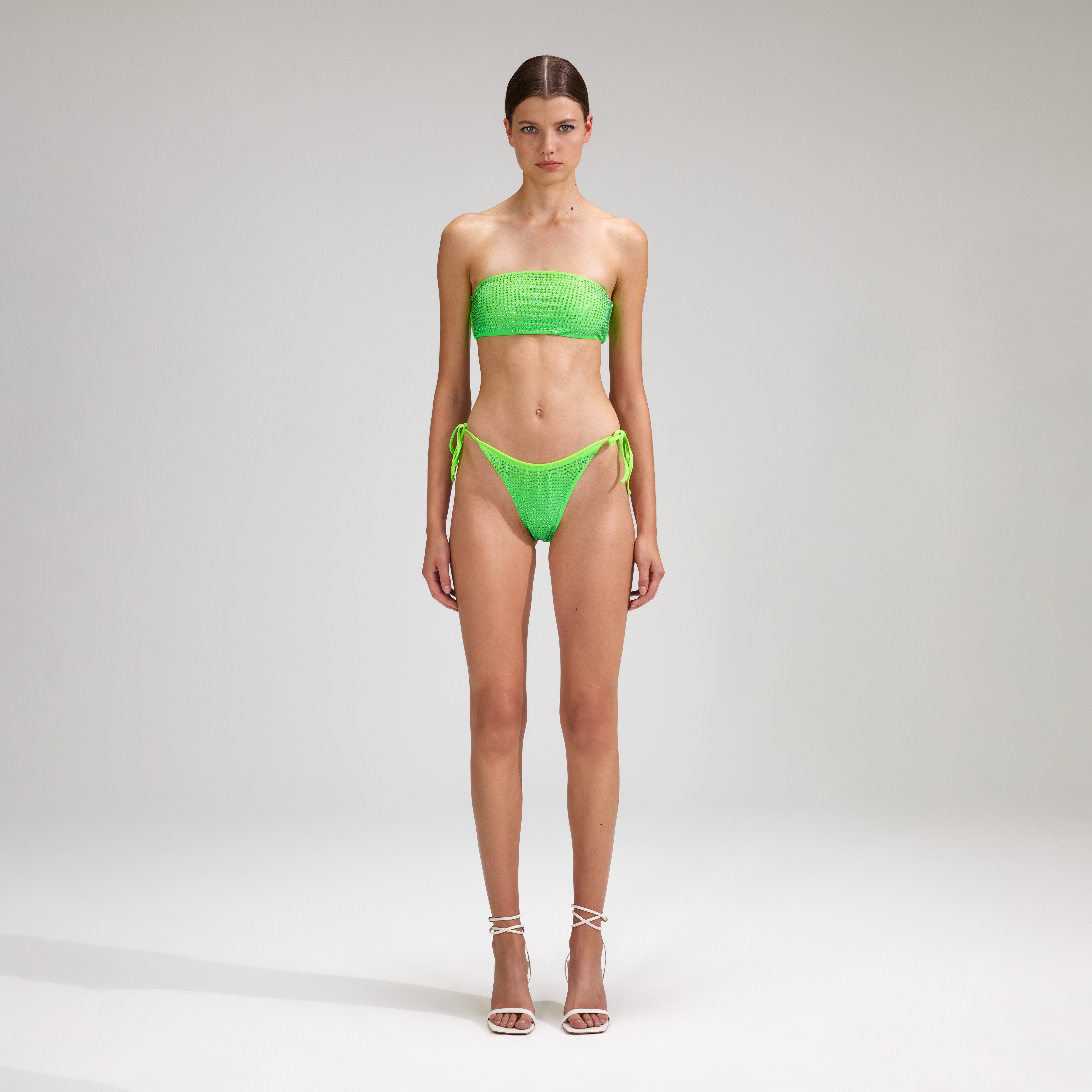 Green Rhinestone Tie Side Bikini Brief - 1
