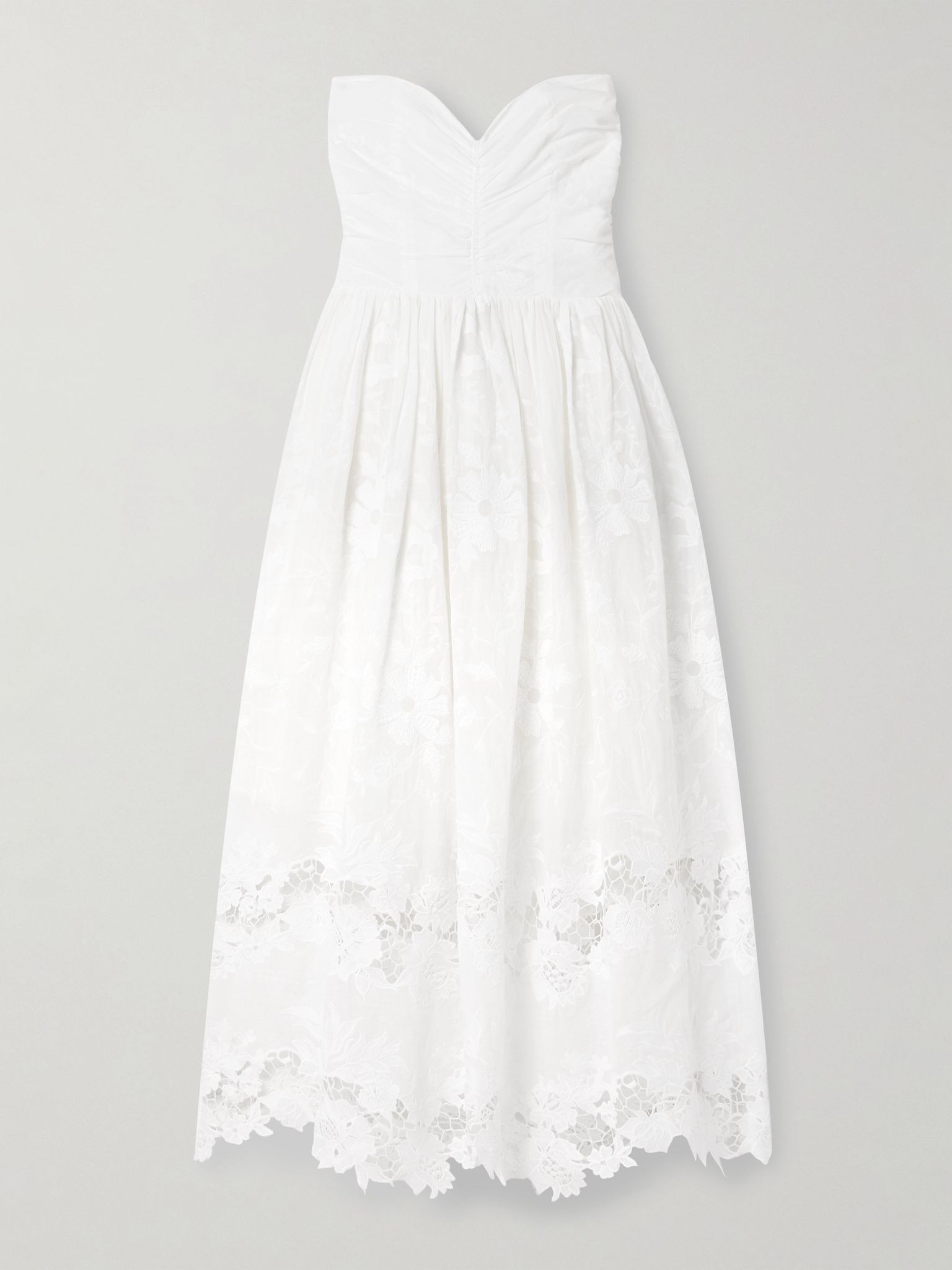 Desideria strapless guipure lace-trimmed embroidered cotton-voile midi dress White - 1