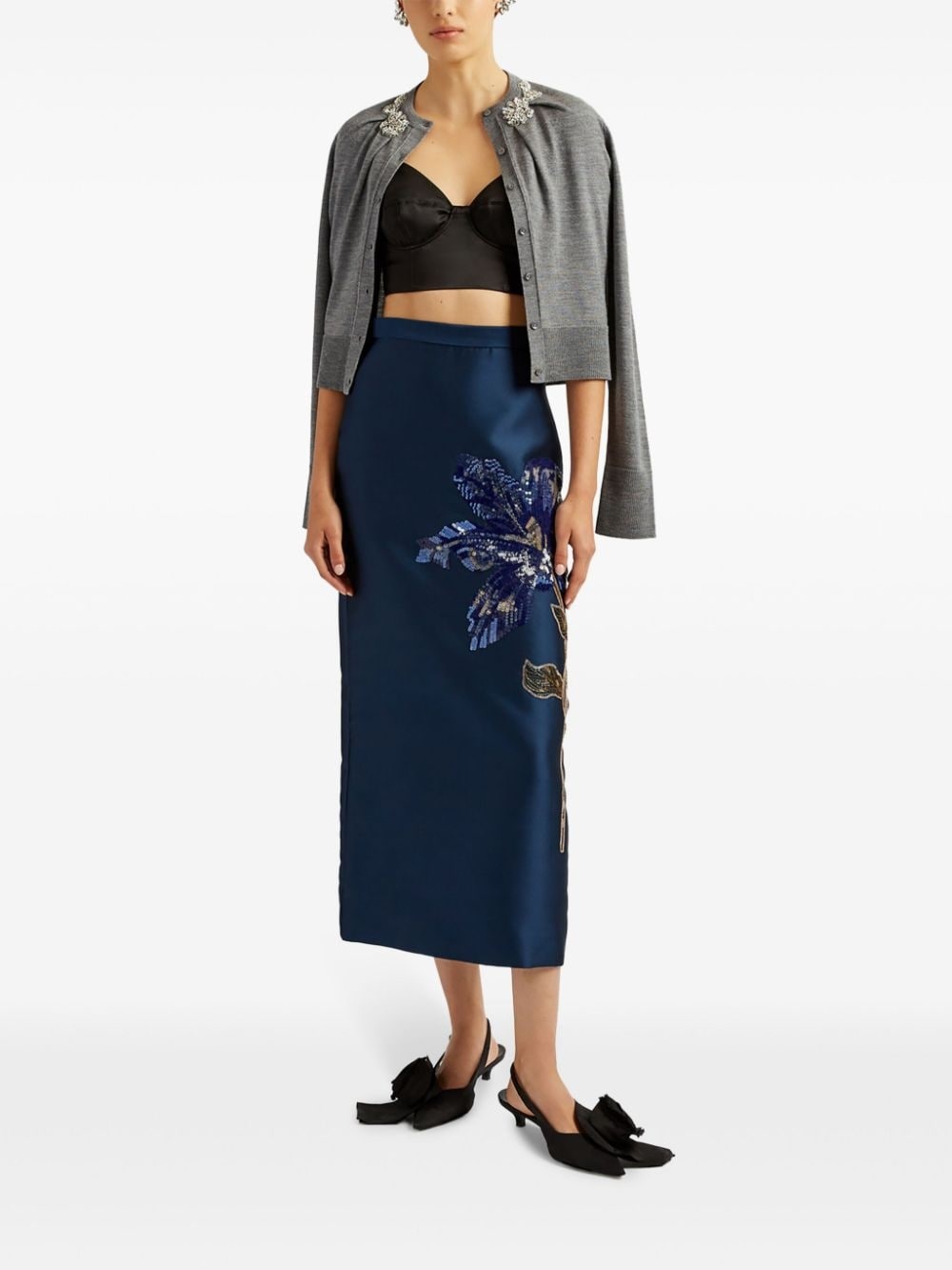 floral-appliqué silk pencil skirt - 2