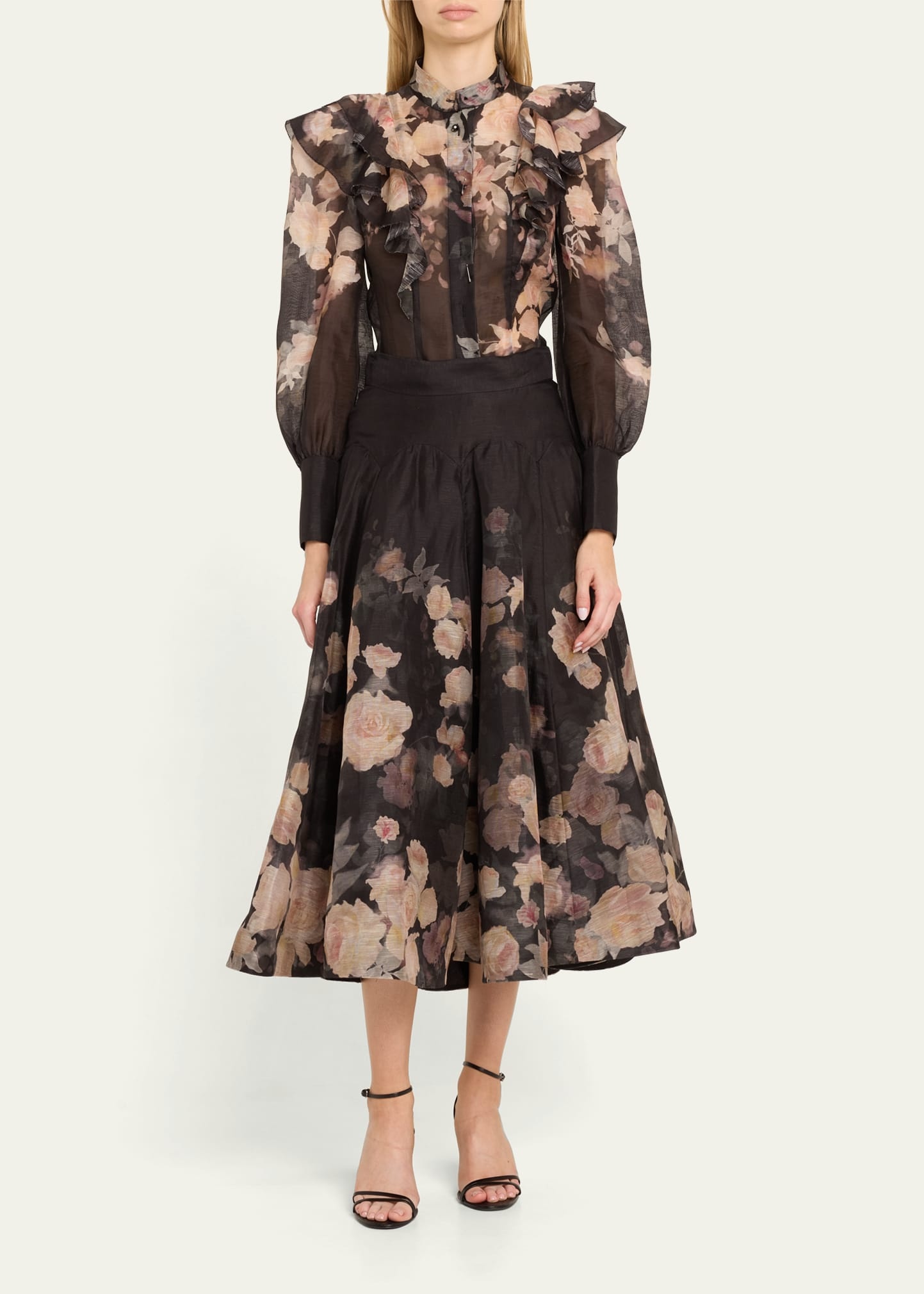 Zimmermann Crush Flared Floral Midi Skirt | bergdorfgoodman