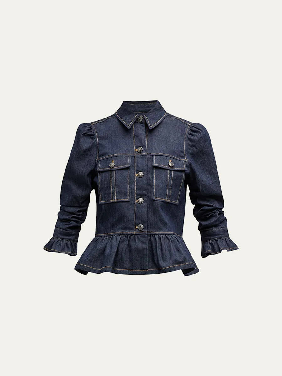 Delanie Scrunched-Sleeve Peplum Denim Jacket - 1