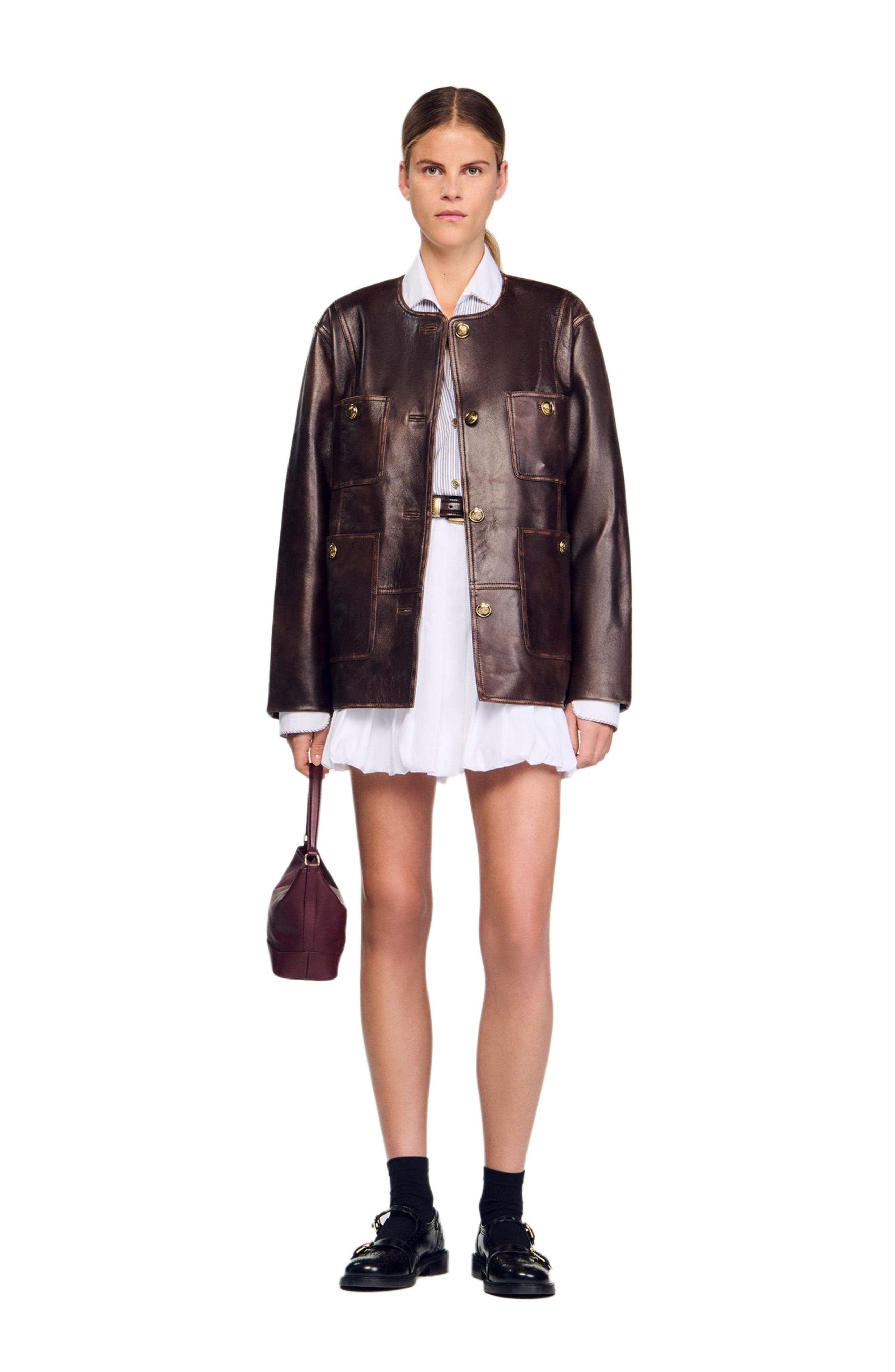 SANDRO Long distressed leather jacket in Black Brown at Nordstrom - 6