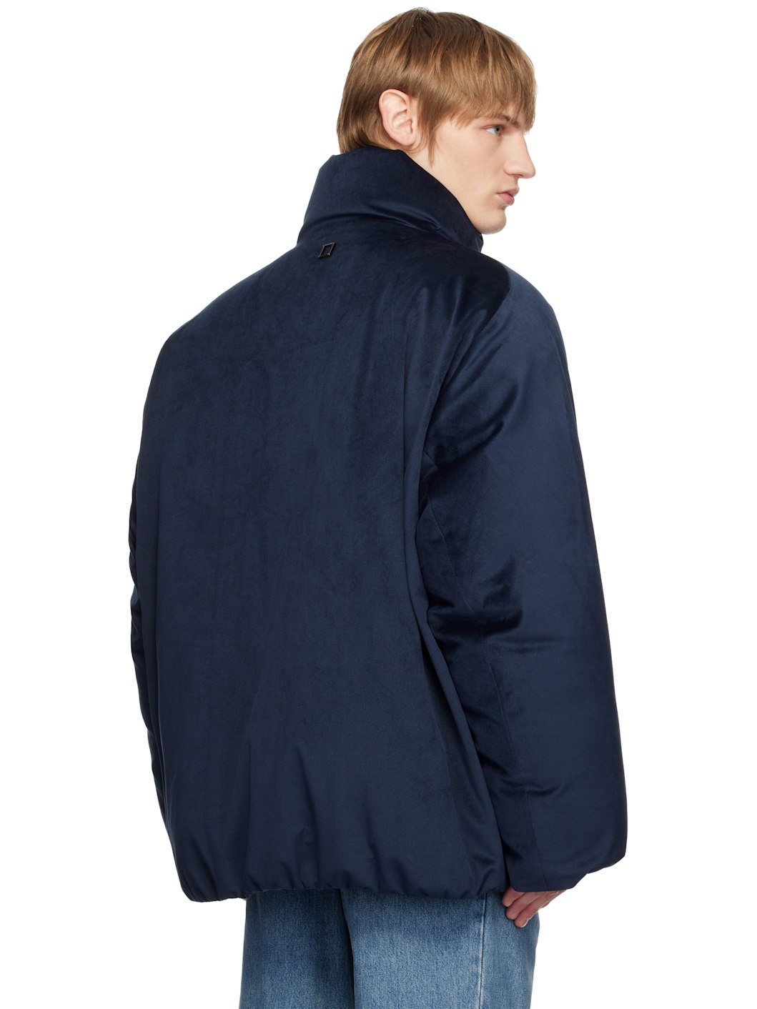 Navy Velour High Neck Goose Down Jacket - 3
