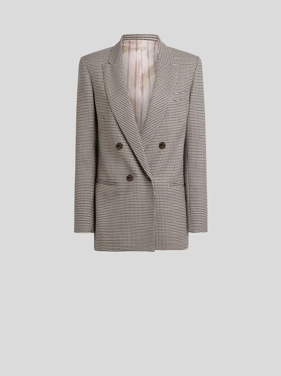DOUBLE-BREASTED STRETCH WOOL JACKET WITH GINGHAM MOTIF - 1