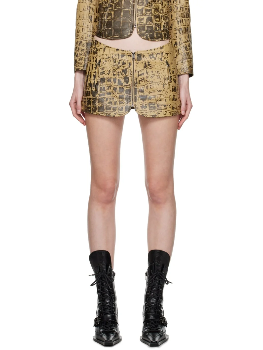 Beige Croc-Embossed Leather Miniskirt - 1