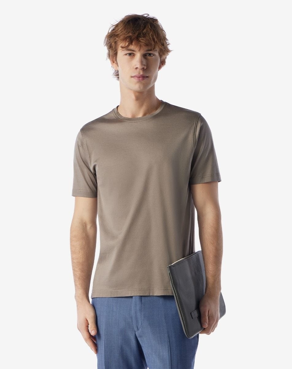 Taupe crew neck pure cotton t-shirt - 2