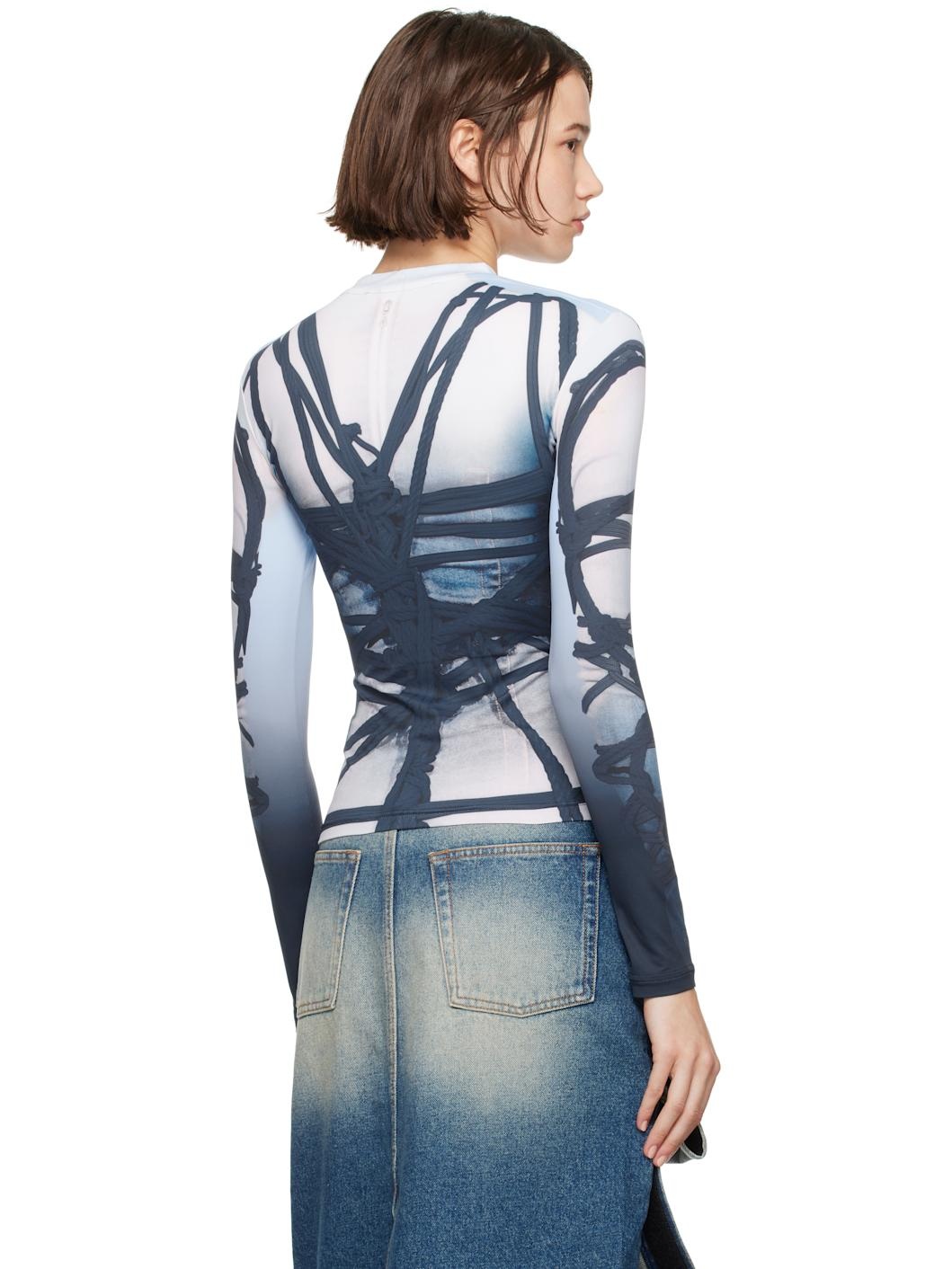 Blue Bondage Print Long Sleeve Fitted T-shirt - 3