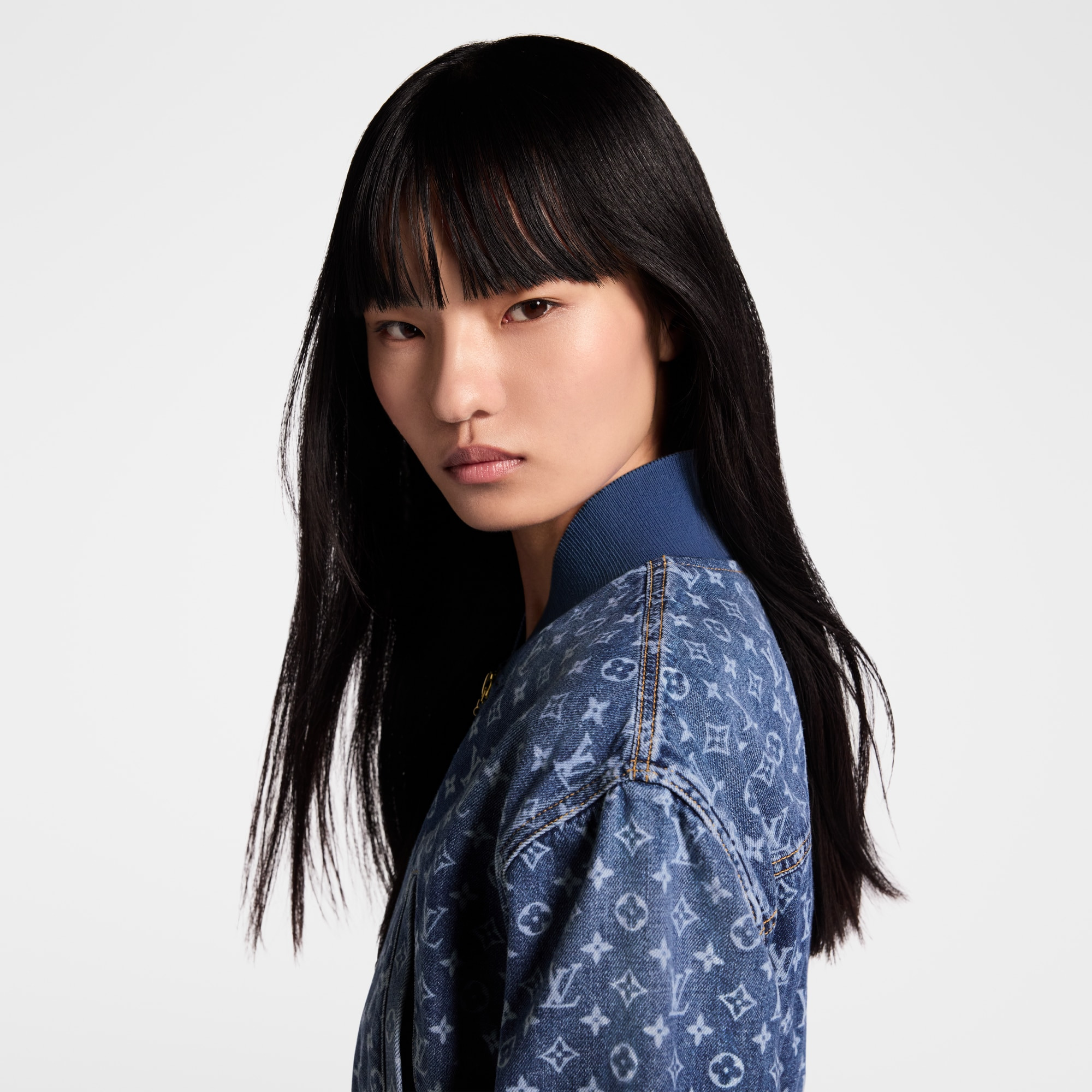 Cropped Monogram Denim Bomber Jacket - 7