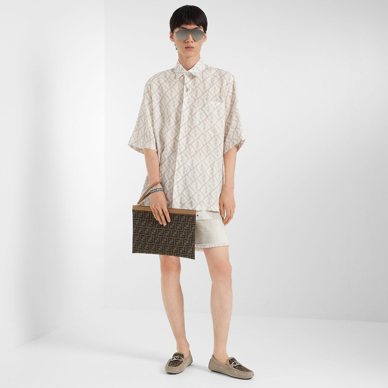 FENDI Driving loafers. Flexible pebble soles. Made of beige nubuck leather with brown and tobacco FF fabri outlook