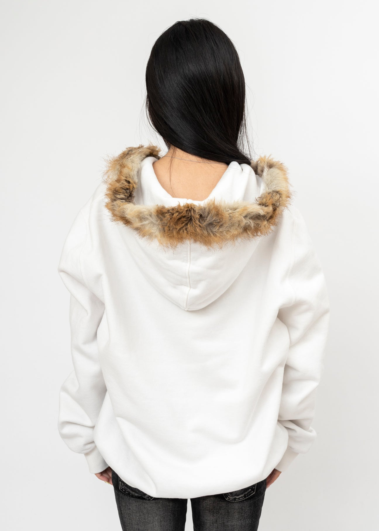 IVORY DOUBLET FURRY COLLAR ZIP-UP HOODIE - 3