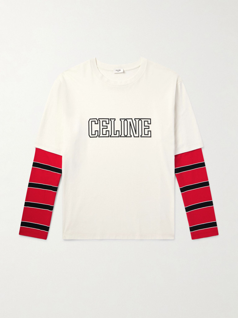 Logo-Print Layered Striped Cotton-Jersey T-Shirt Cream 1