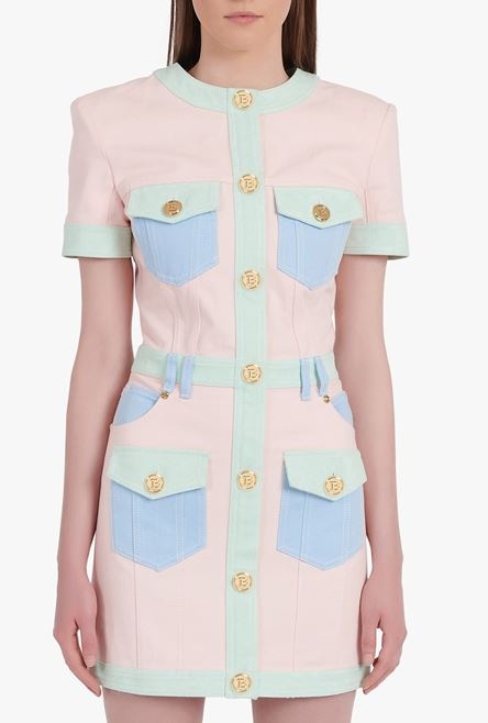 Short multicolor denim dress with gold-tone buttons - 5