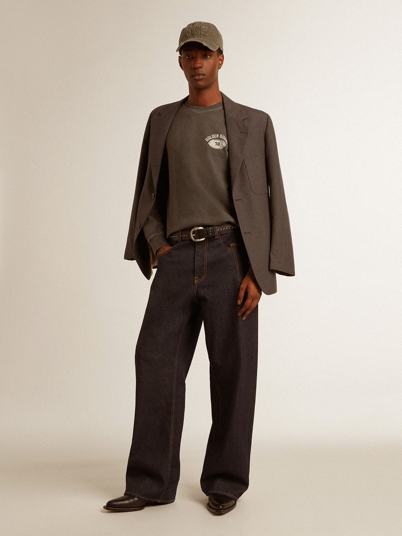 Men's crew-neck T-shirt in anthracite gray cotton with logo on the back 4